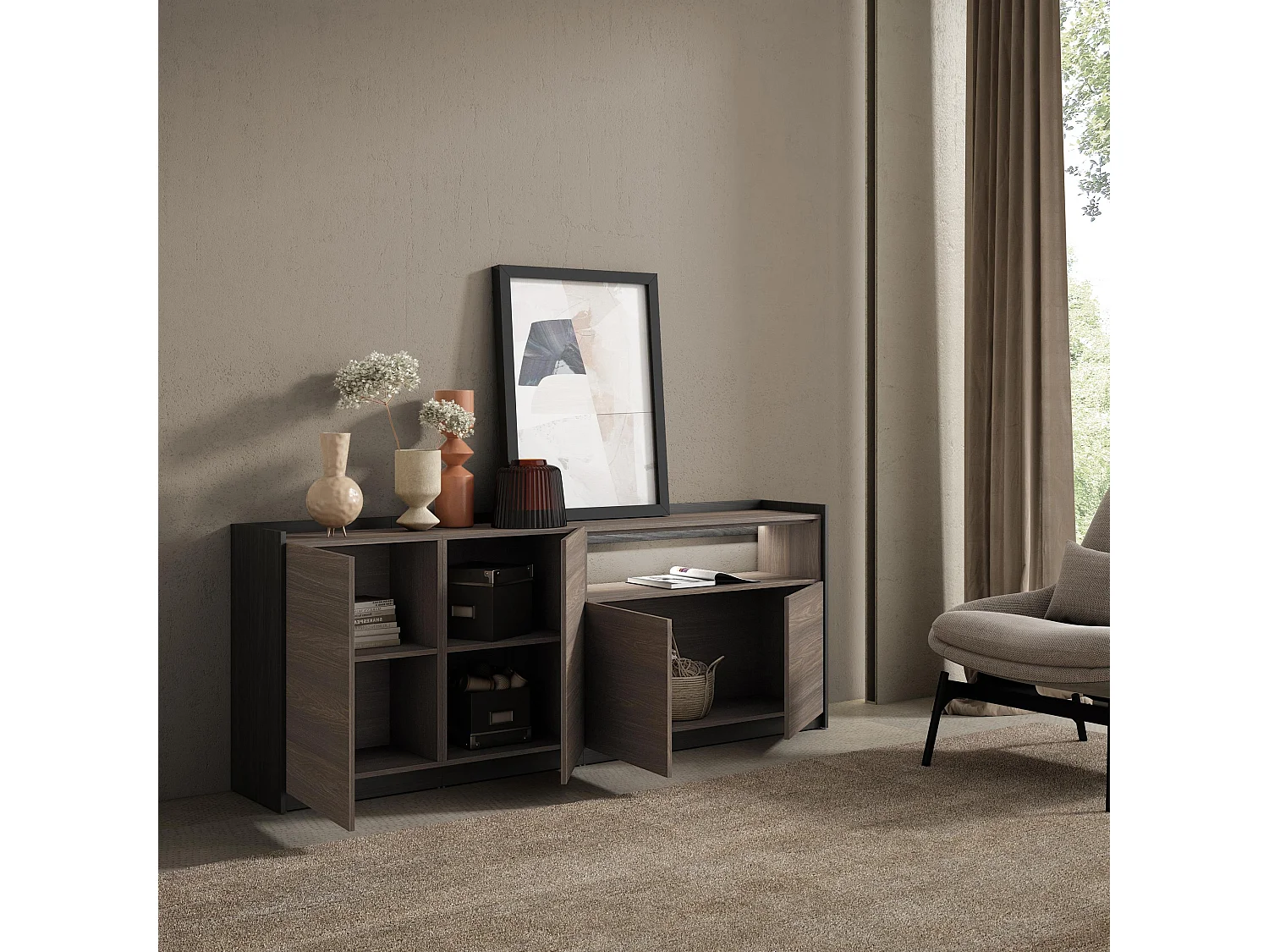 Credenza, Mobile, Cucina, 207x80x37 cm, 4 Porte, LED, Rovere scuro e Nero