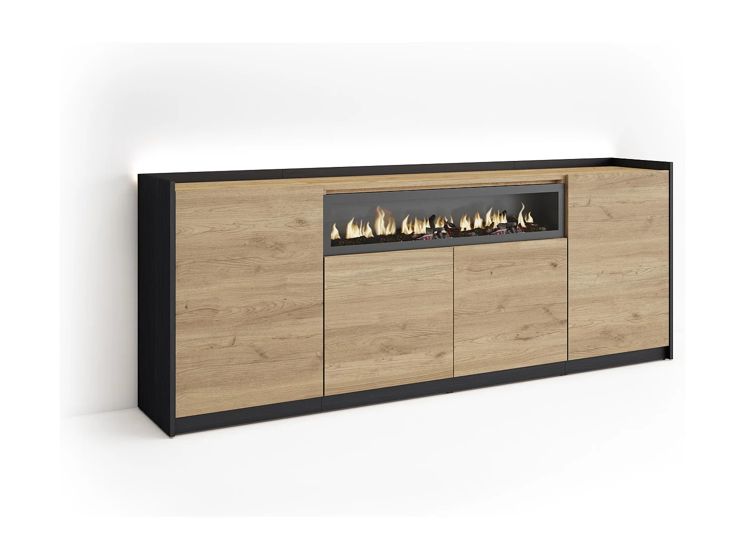 Credenza, Mobile, Cucina, 207x80x37 cm, 4 Porte, Camino elettrico, LED, Rovere e nero