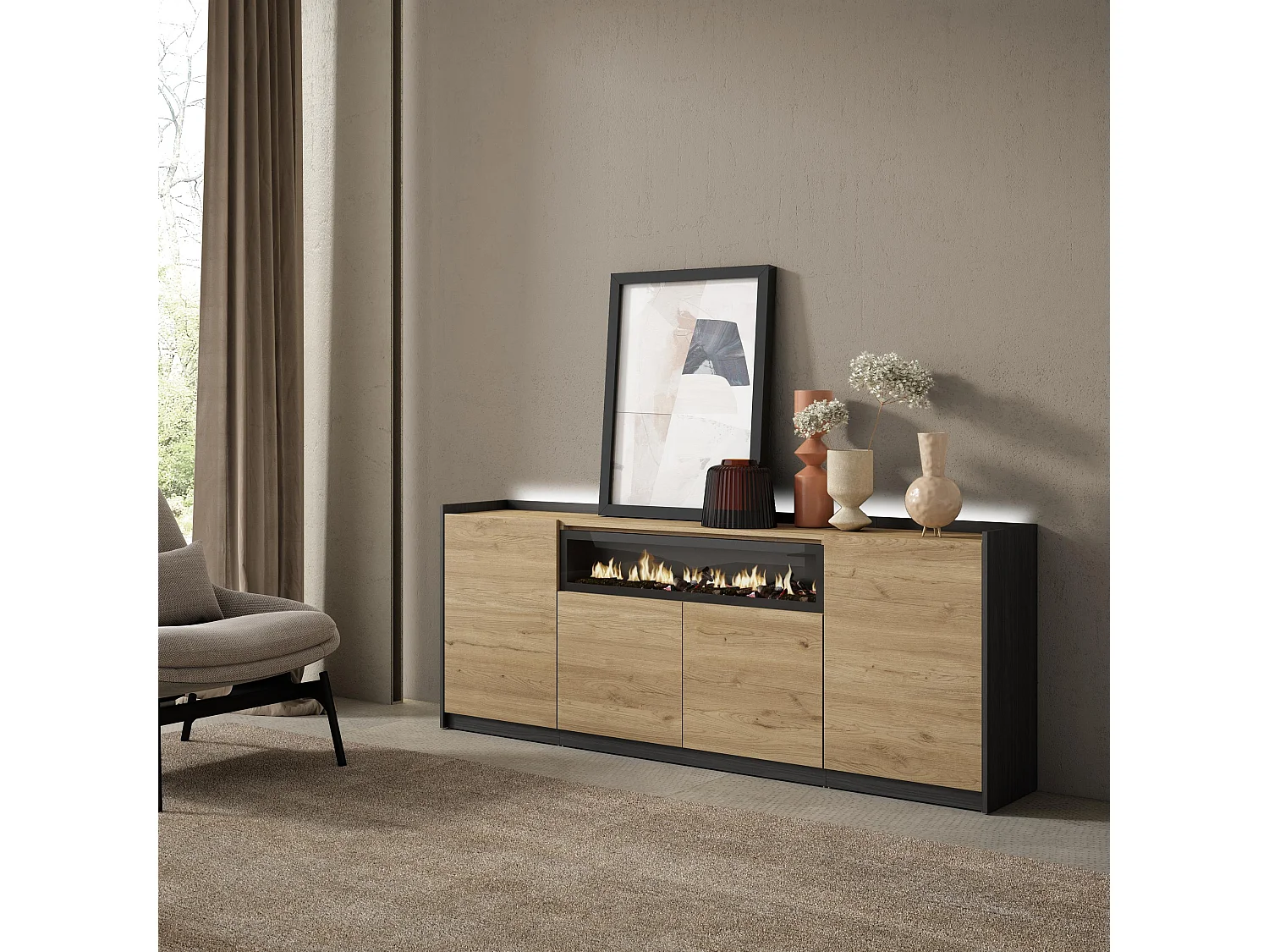 Credenza, Mobile, Cucina, 207x80x37 cm, 4 Porte, Camino elettrico, LED, Rovere e nero