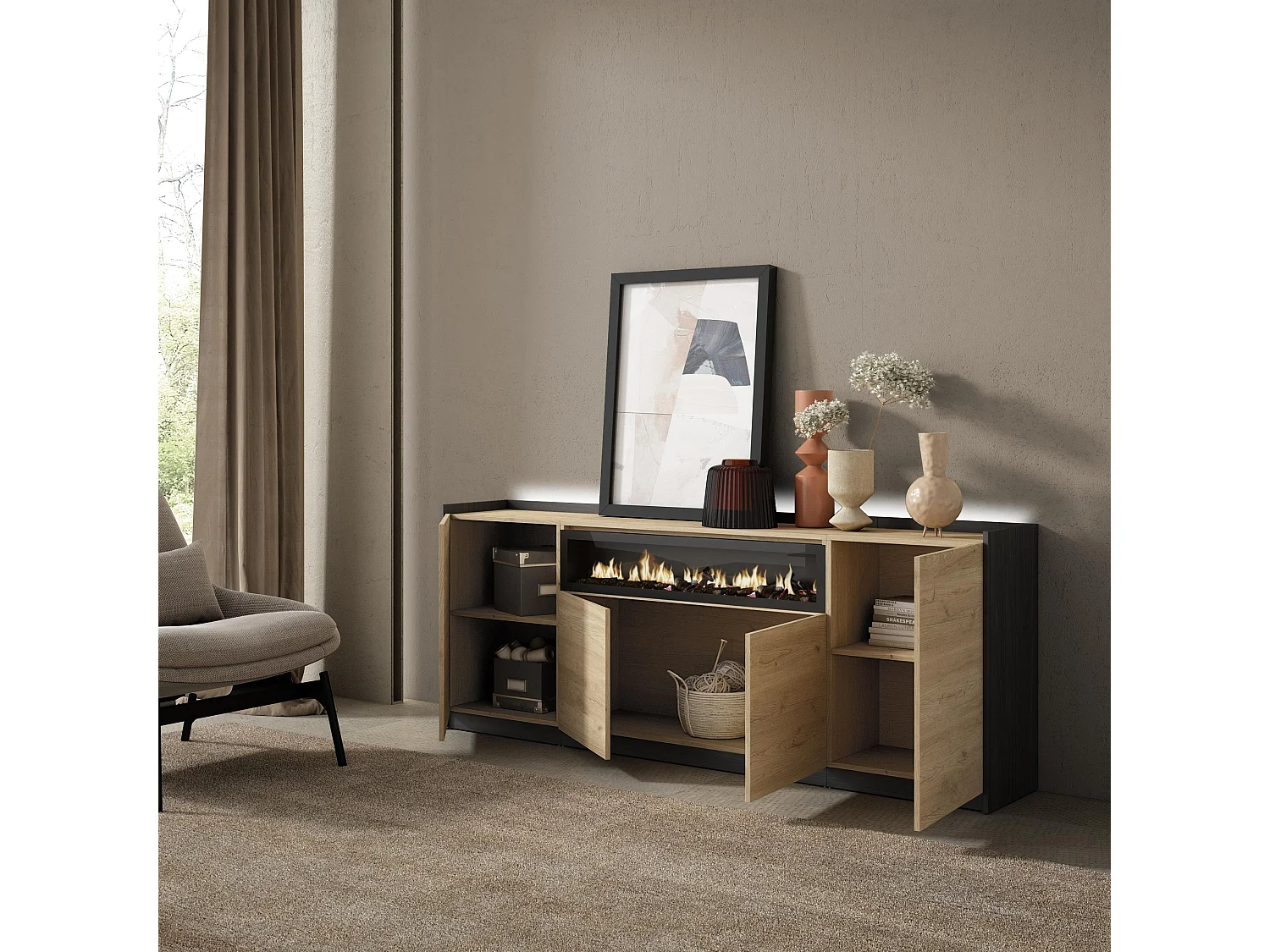 Credenza, Mobile, Cucina, 207x80x37 cm, 4 Porte, Camino elettrico, LED, Rovere e nero