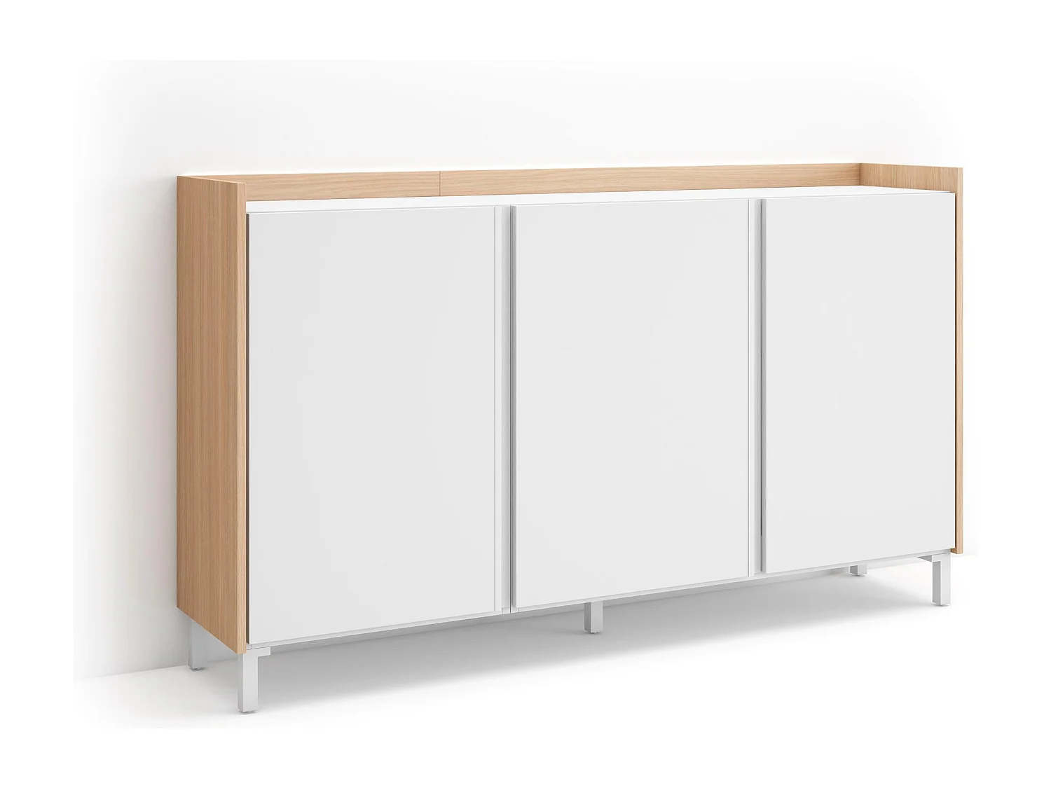 Dressoir, Opbergkast, 156x91x35 cm, 3 Deuren, Industrieel design, LED, Wit en Eiken soft