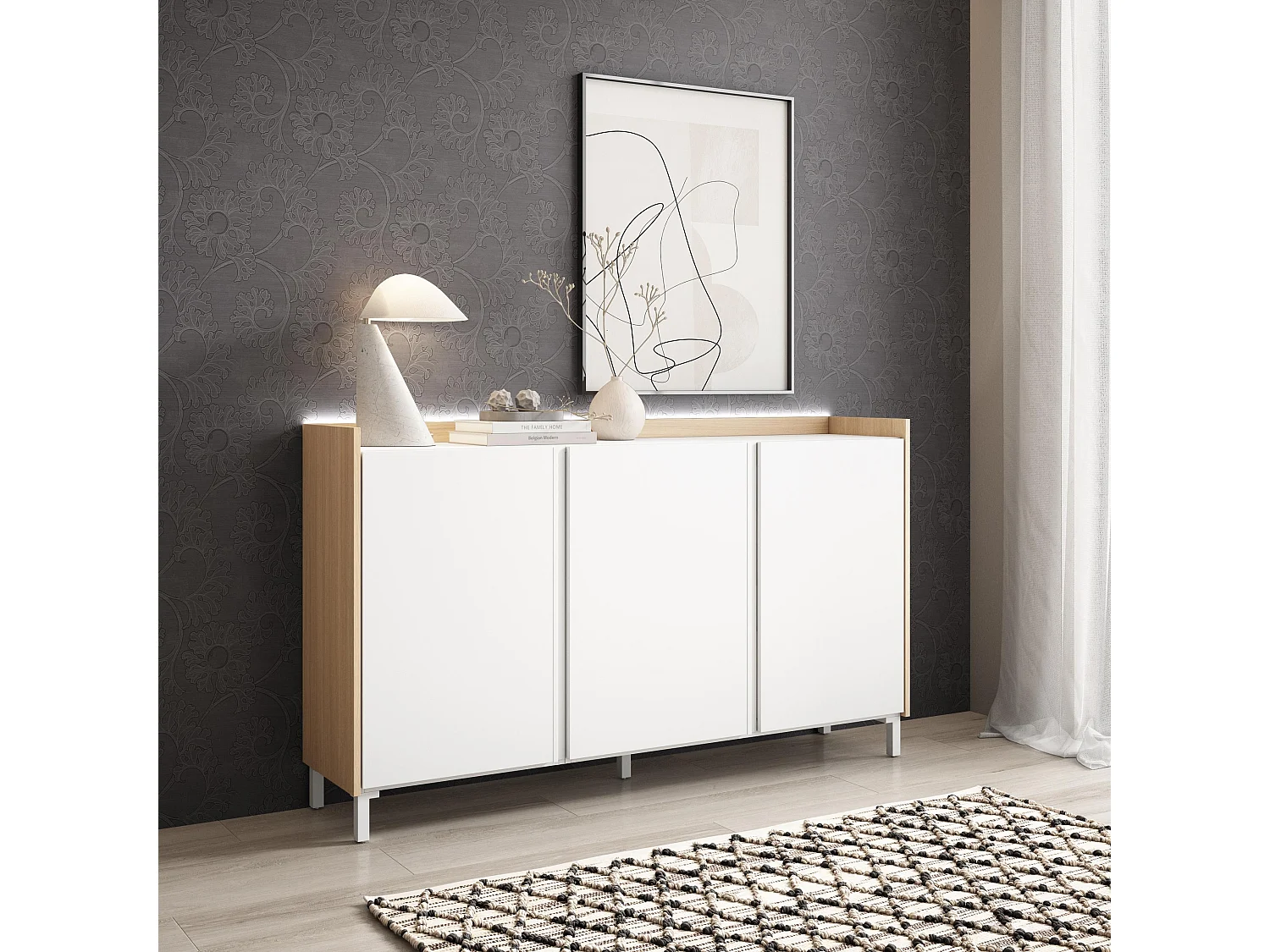 Dressoir, Opbergkast, 156x91x35 cm, 3 Deuren, Industrieel design, LED, Wit en Eiken soft