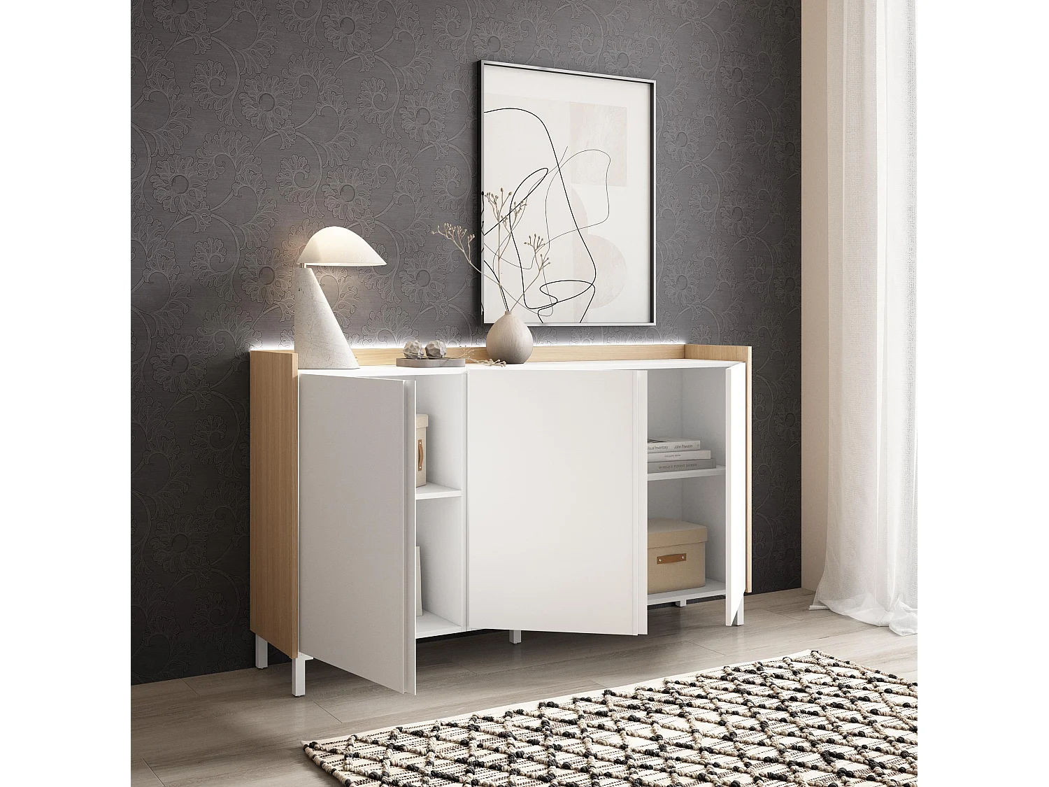 Dressoir, Opbergkast, 156x91x35 cm, 3 Deuren, Industrieel design, LED, Wit en Eiken soft