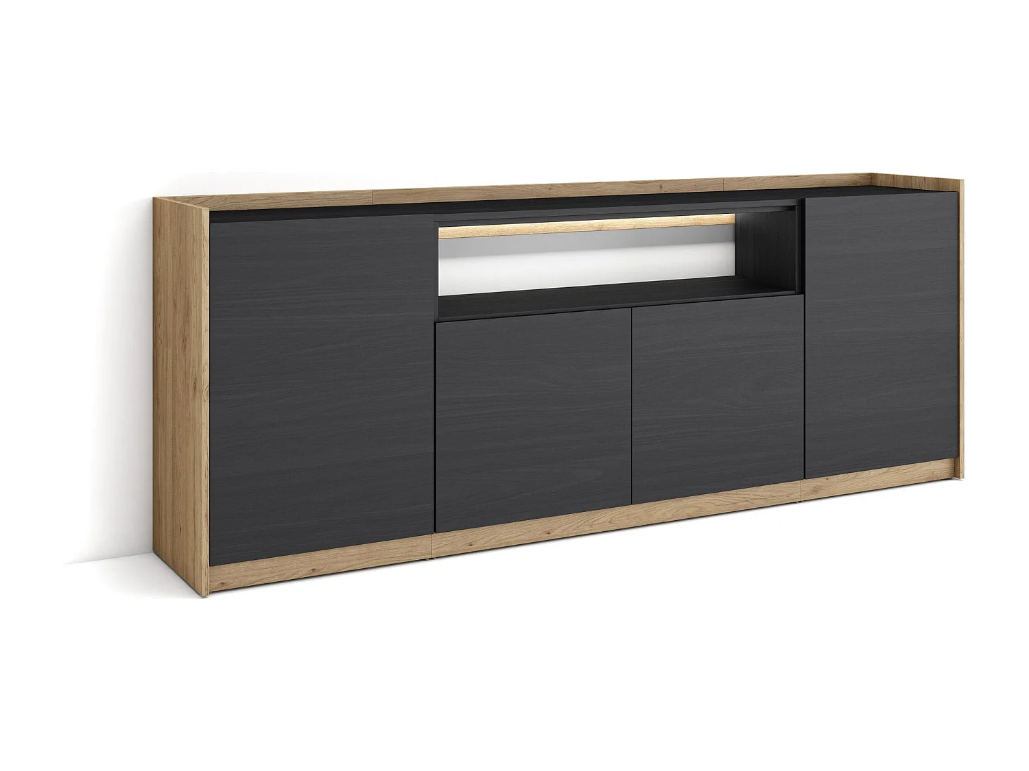Credenza, Mobile, Cucina, 207x80x37 cm, 4 Porte, LED, Nero e rovere