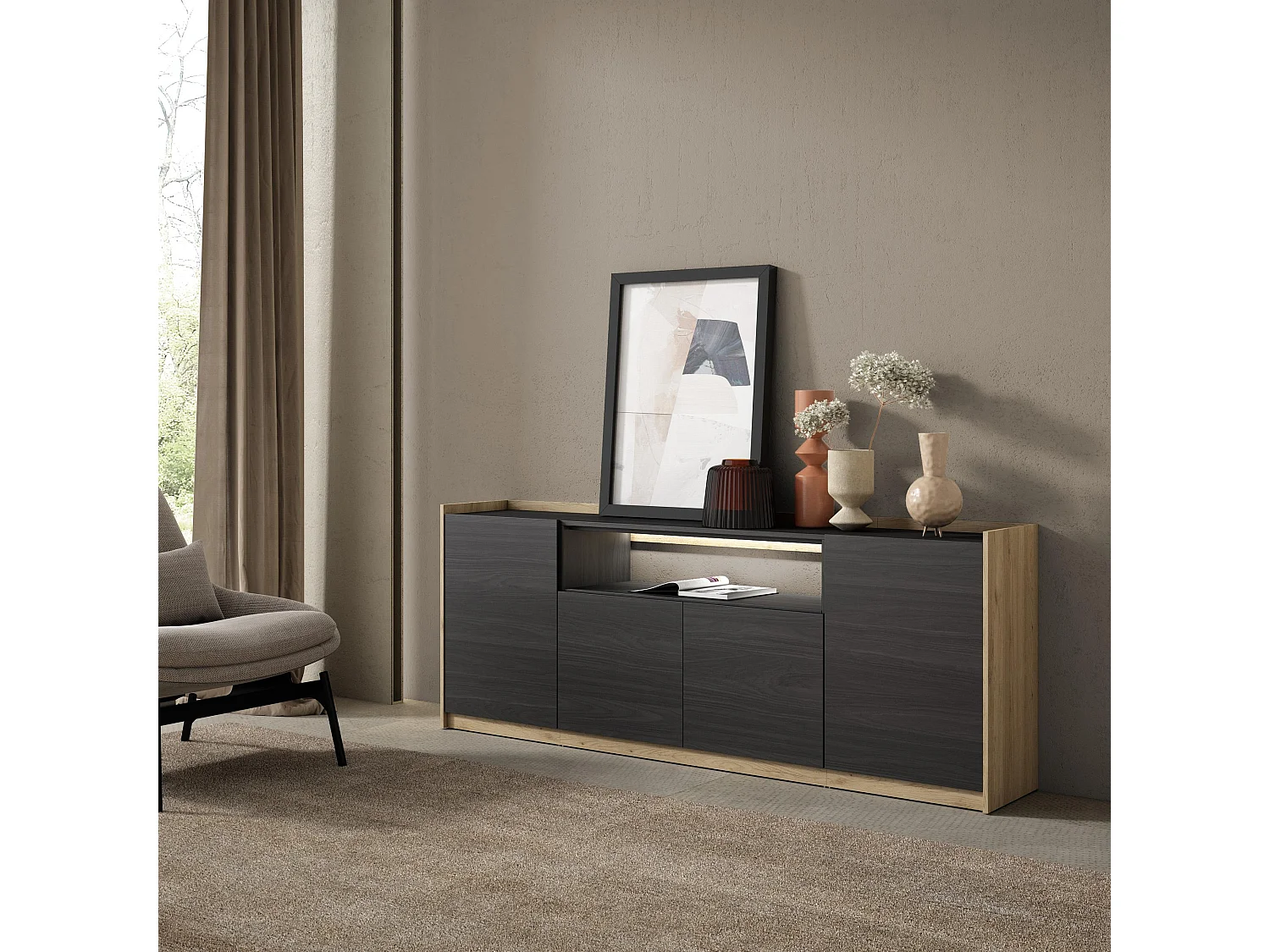 Credenza, Mobile, Cucina, 207x80x37 cm, 4 Porte, LED, Nero e rovere