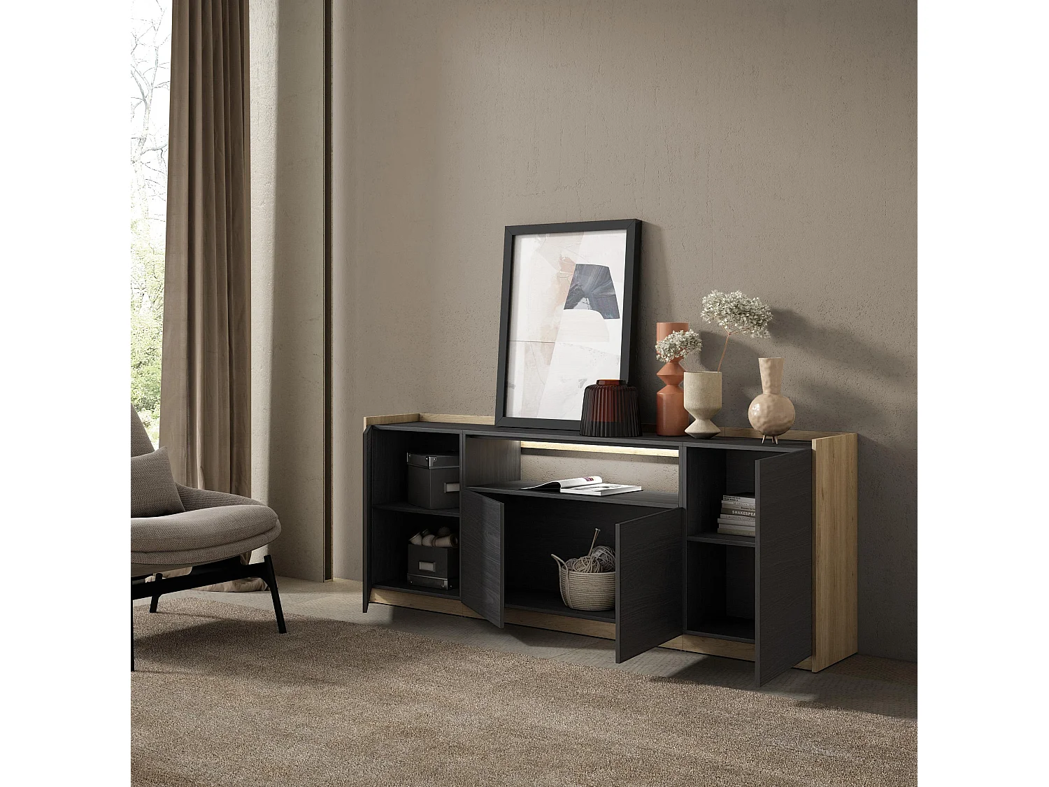 Credenza, Mobile, Cucina, 207x80x37 cm, 4 Porte, LED, Nero e rovere