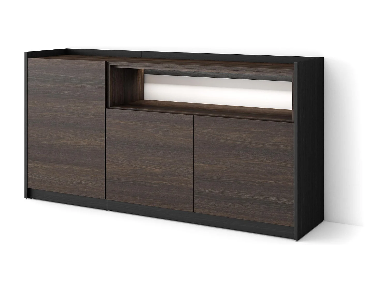 Credenza, Mobile, Cucina, 156x80x37 cm, 3 Porte, LED, Rovere scuro e Nero