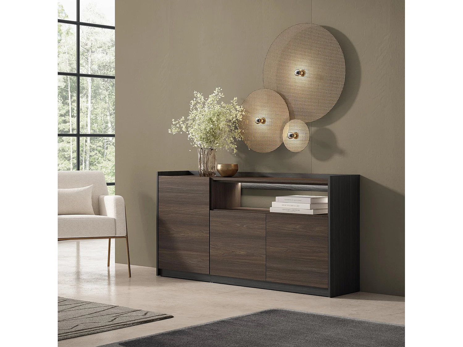 Credenza, Mobile, Cucina, 156x80x37 cm, 3 Porte, LED, Rovere scuro e Nero