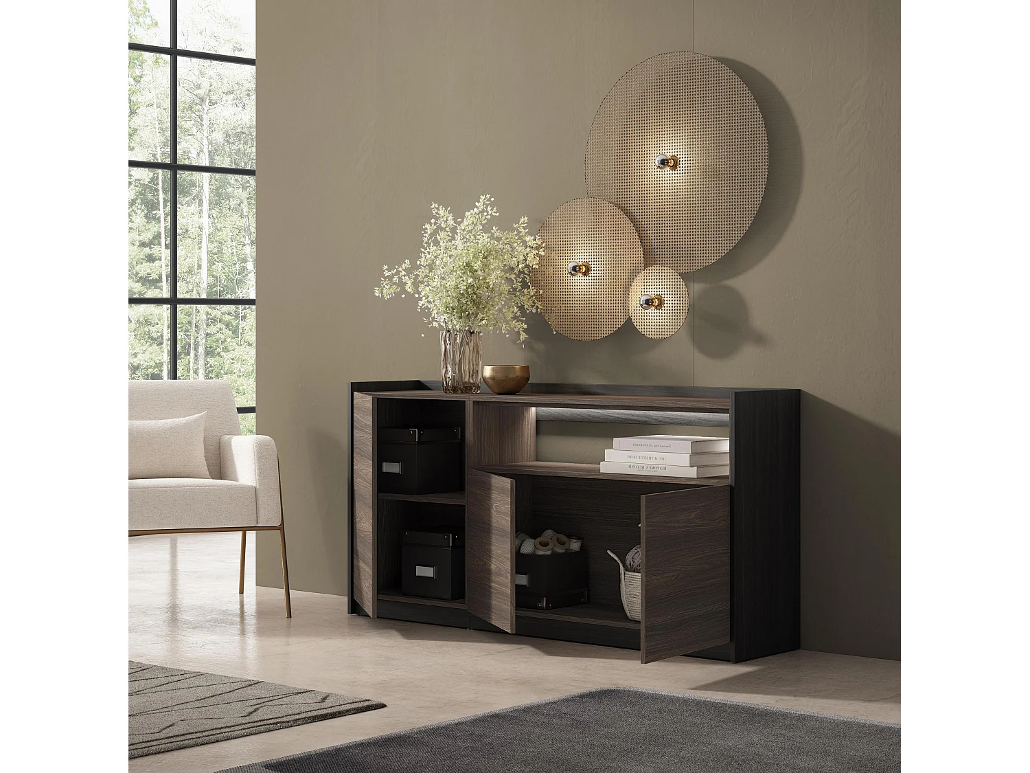 Credenza, Mobile, Cucina, 156x80x37 cm, 3 Porte, LED, Rovere scuro e Nero