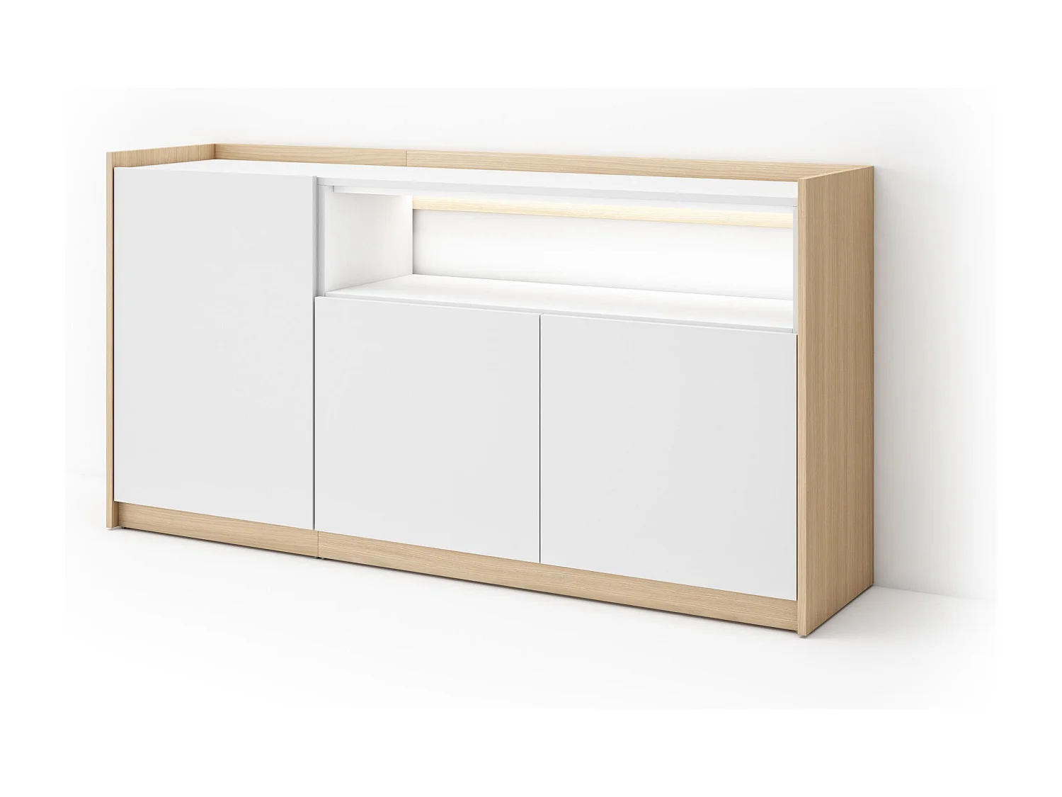 Credenza, Mobile, Cucina, 156x80x37 cm, 3 Porte, LED, Bianco e Rovere soft