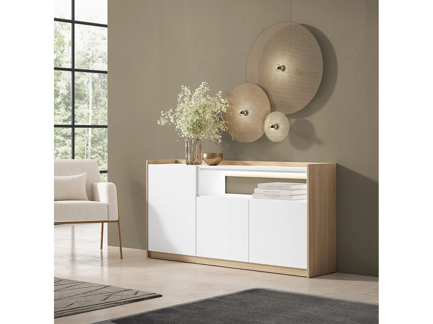 Credenza, Mobile, Cucina, 156x80x37 cm, 3 Porte, LED, Bianco e Rovere soft