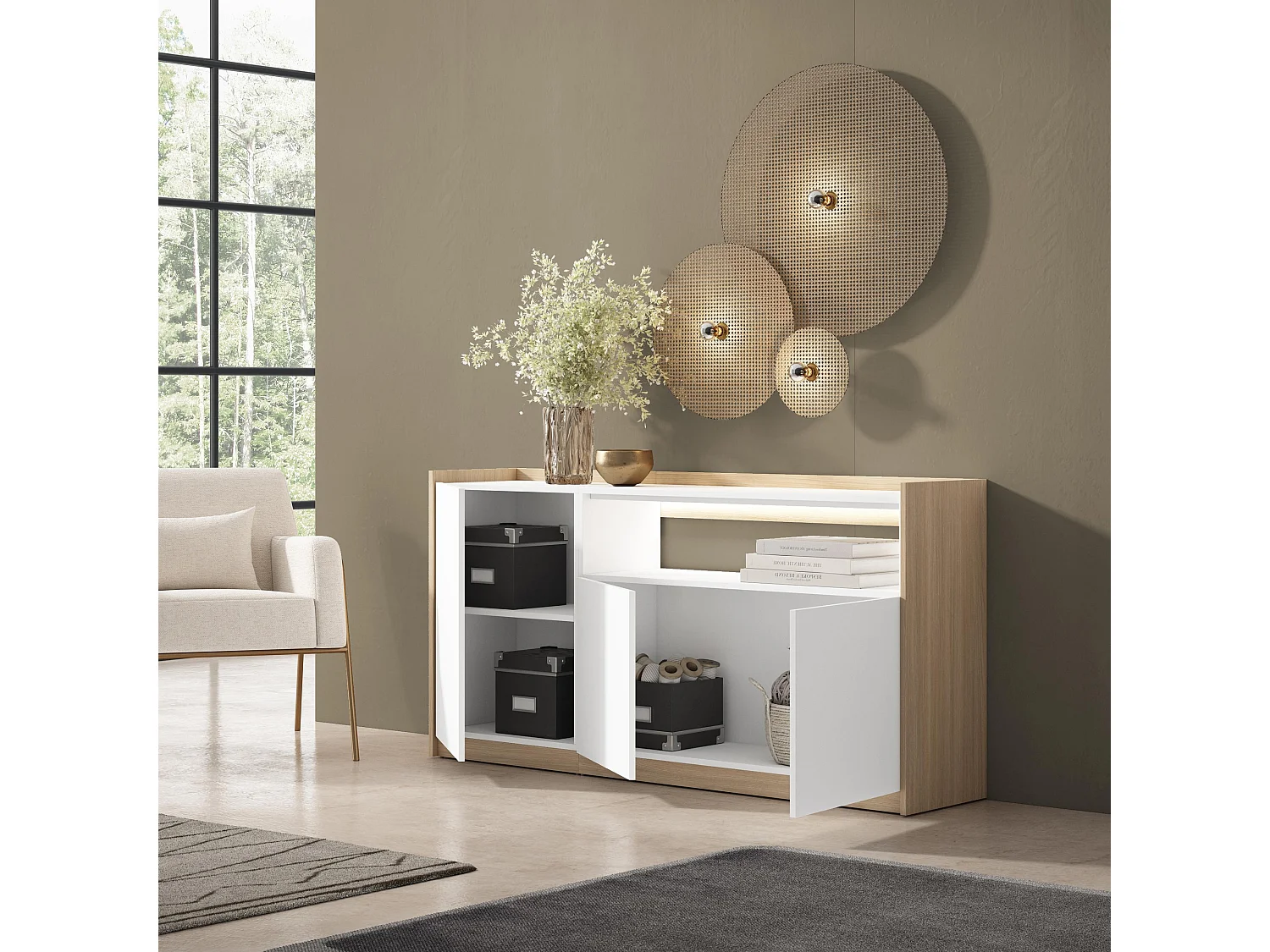 Credenza, Mobile, Cucina, 156x80x37 cm, 3 Porte, LED, Bianco e Rovere soft