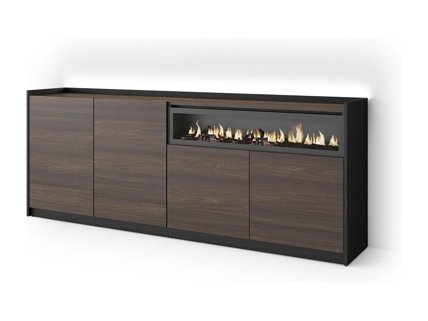 Credenza, Mobile, Cucina, 207x80x37 cm, 4 Porte, Camino elettrico, LED, Rovere scuro e Nero