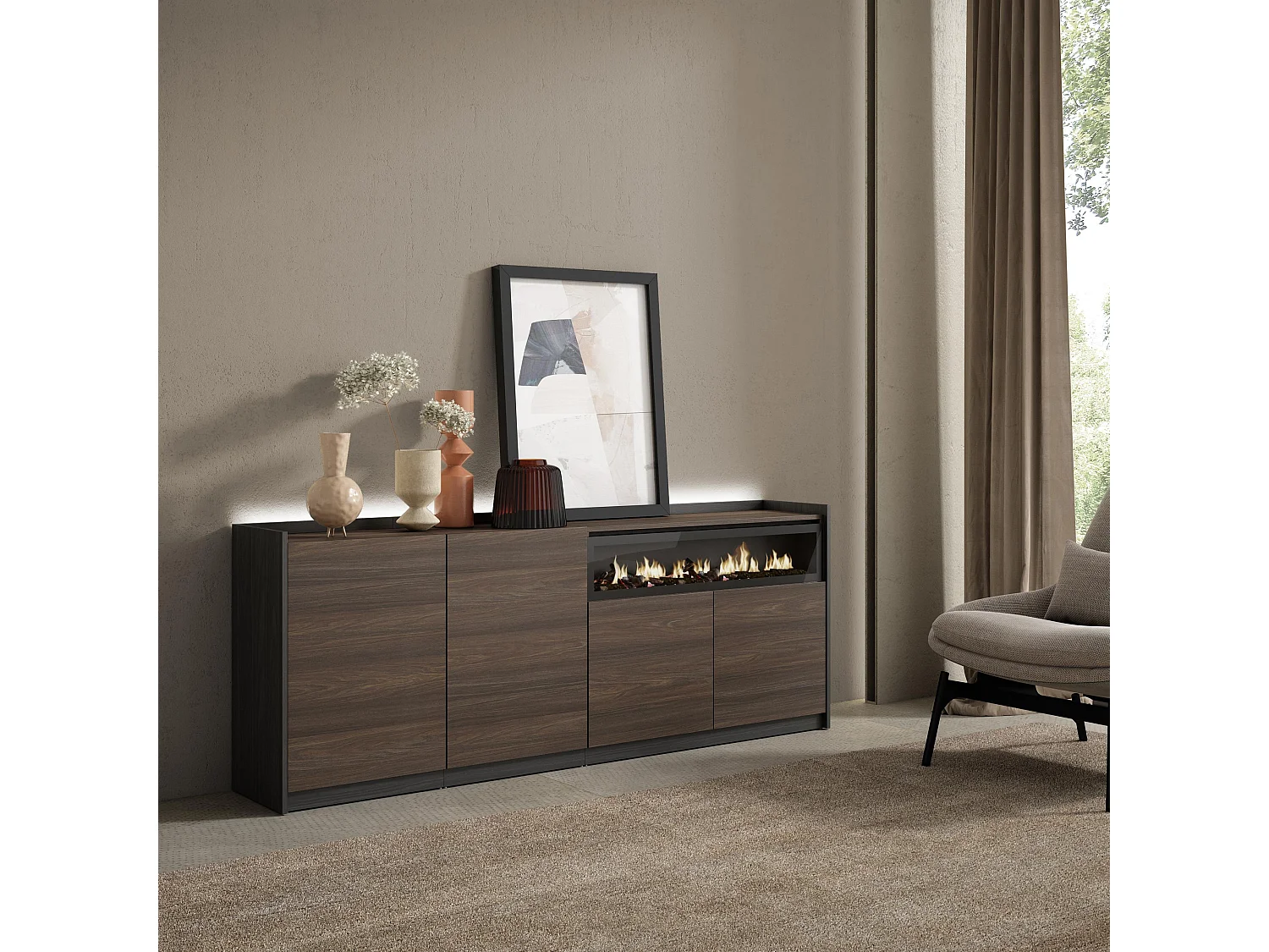 Credenza, Mobile, Cucina, 207x80x37 cm, 4 Porte, Camino elettrico, LED, Rovere scuro e Nero