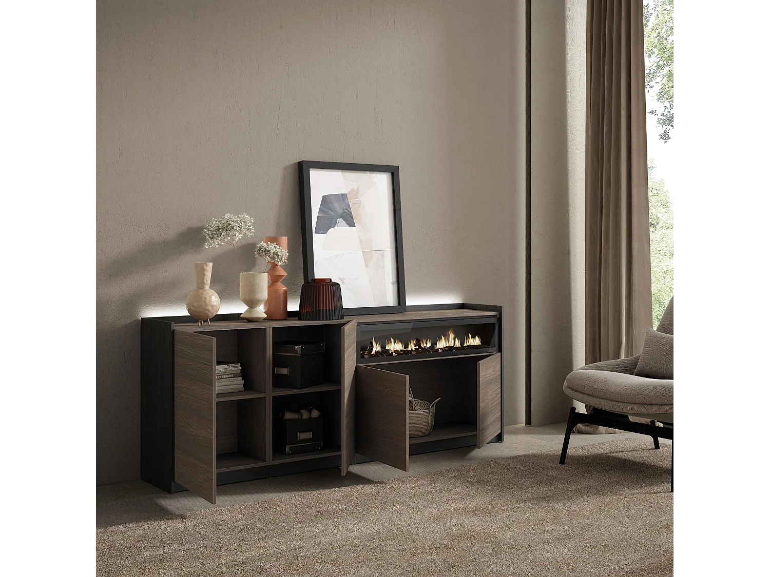 Credenza, Mobile, Cucina, 207x80x37 cm, 4 Porte, Camino elettrico, LED, Rovere scuro e Nero