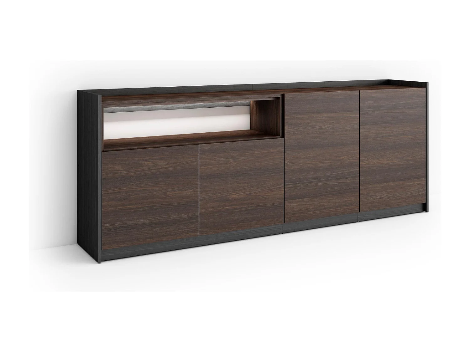 Credenza, Mobile, Cucina, 207x80x37 cm, 4 Porte, LED, Rovere scuro e Nero