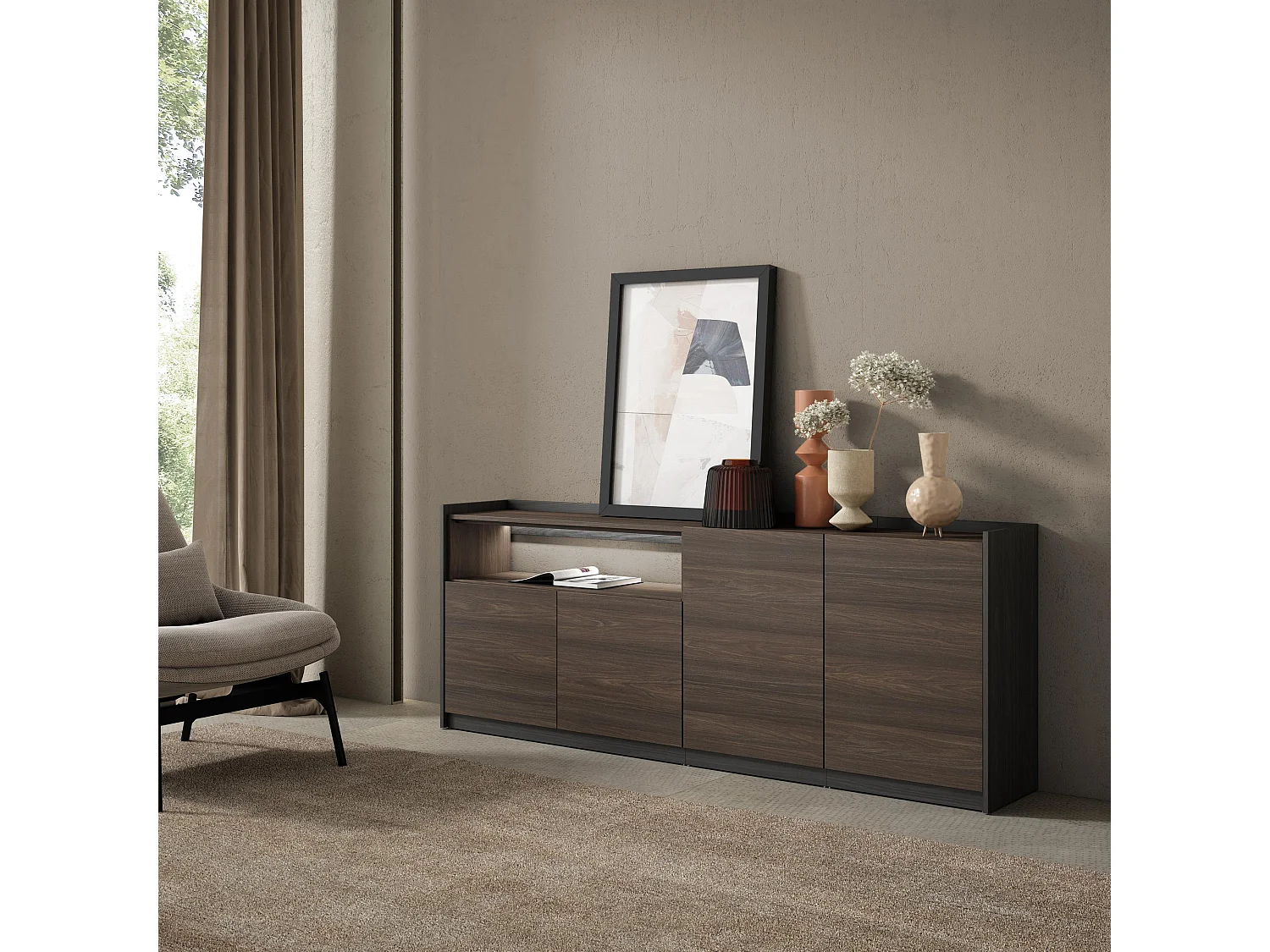 Credenza, Mobile, Cucina, 207x80x37 cm, 4 Porte, LED, Rovere scuro e Nero