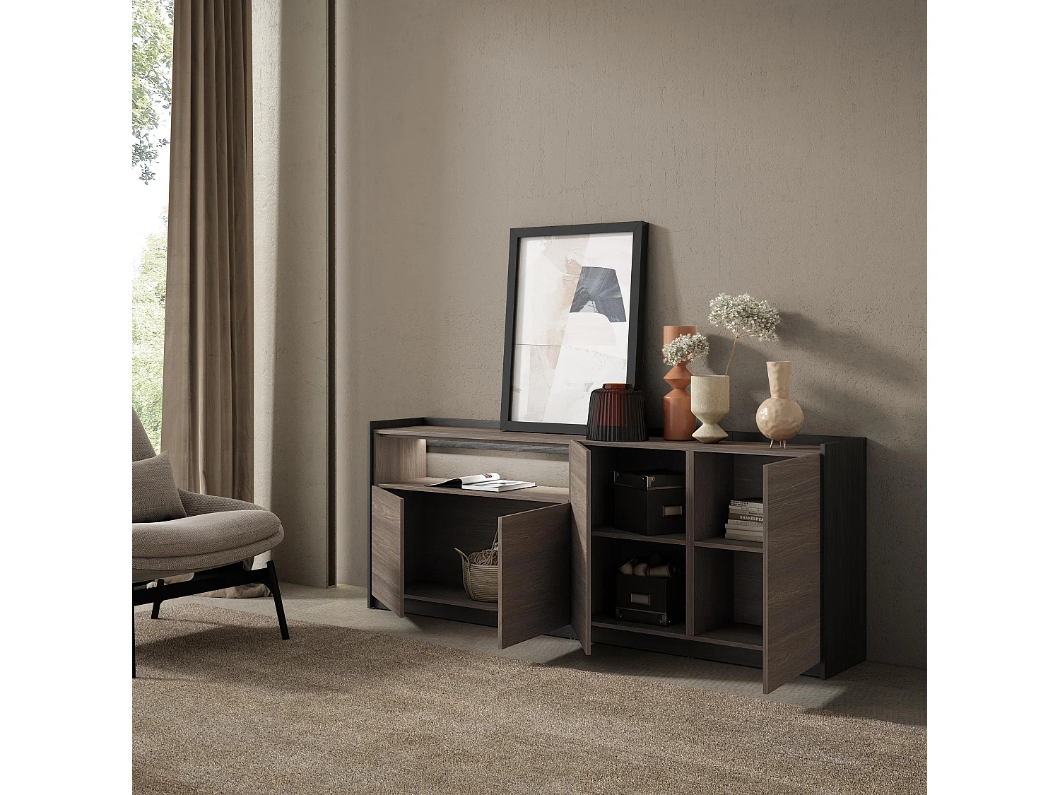 Credenza, Mobile, Cucina, 207x80x37 cm, 4 Porte, LED, Rovere scuro e Nero