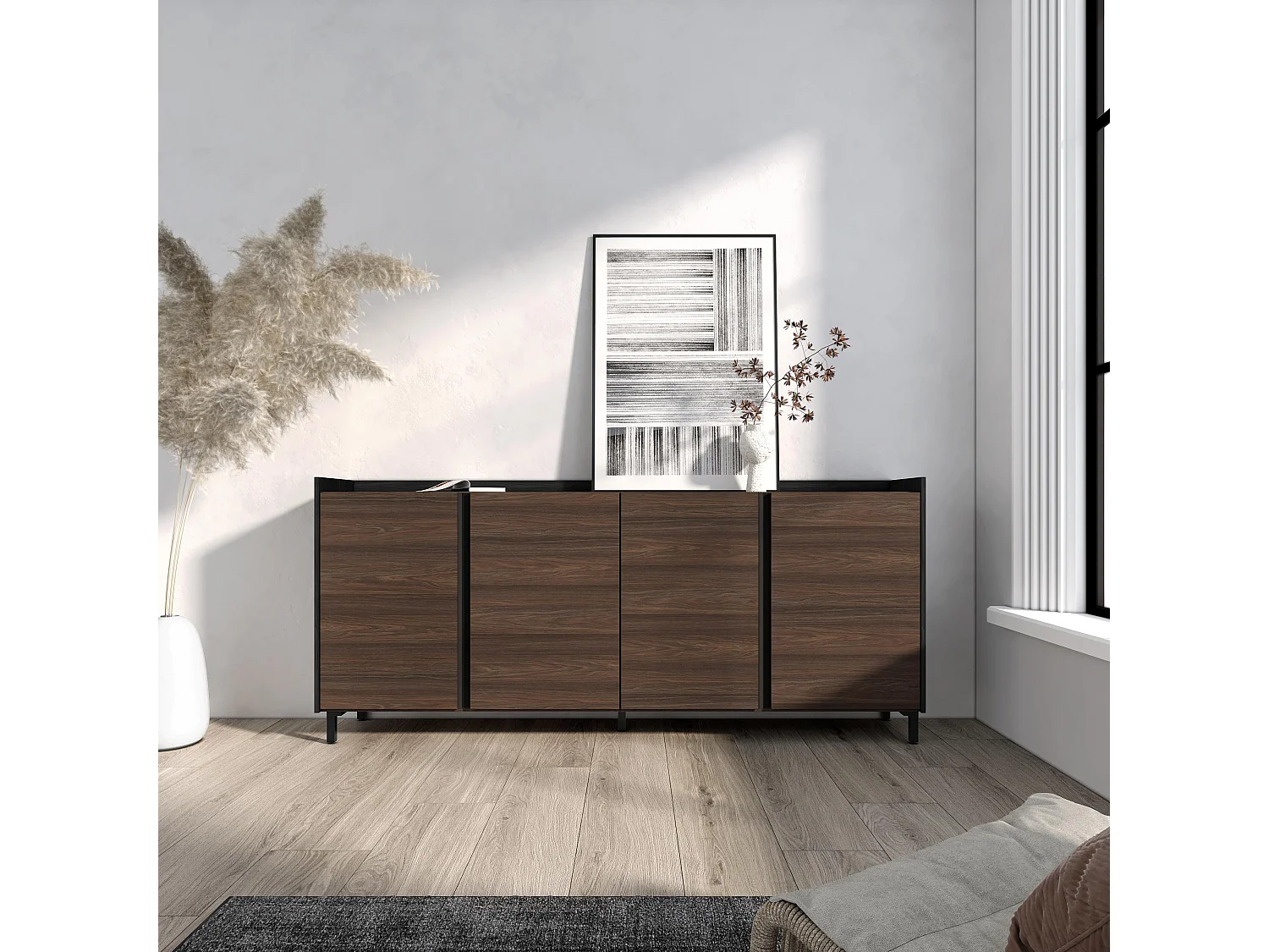 Dressoir, Opbergkast, 207x91x35 cm, 4 Deuren, Industrieel design, Donkere eik en Zwart