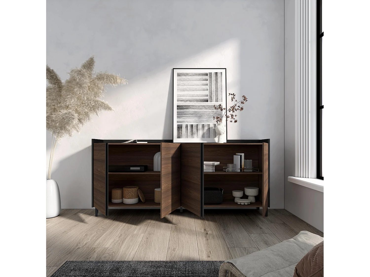 Dressoir, Opbergkast, 207x91x35 cm, 4 Deuren, Industrieel design, Donkere eik en Zwart