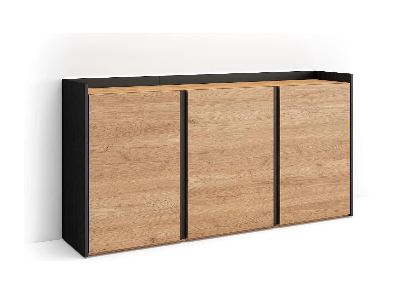 Credenza, Mobile, Cucina, 156x80x35 cm, 3 Porte, LED, Rovere e nero