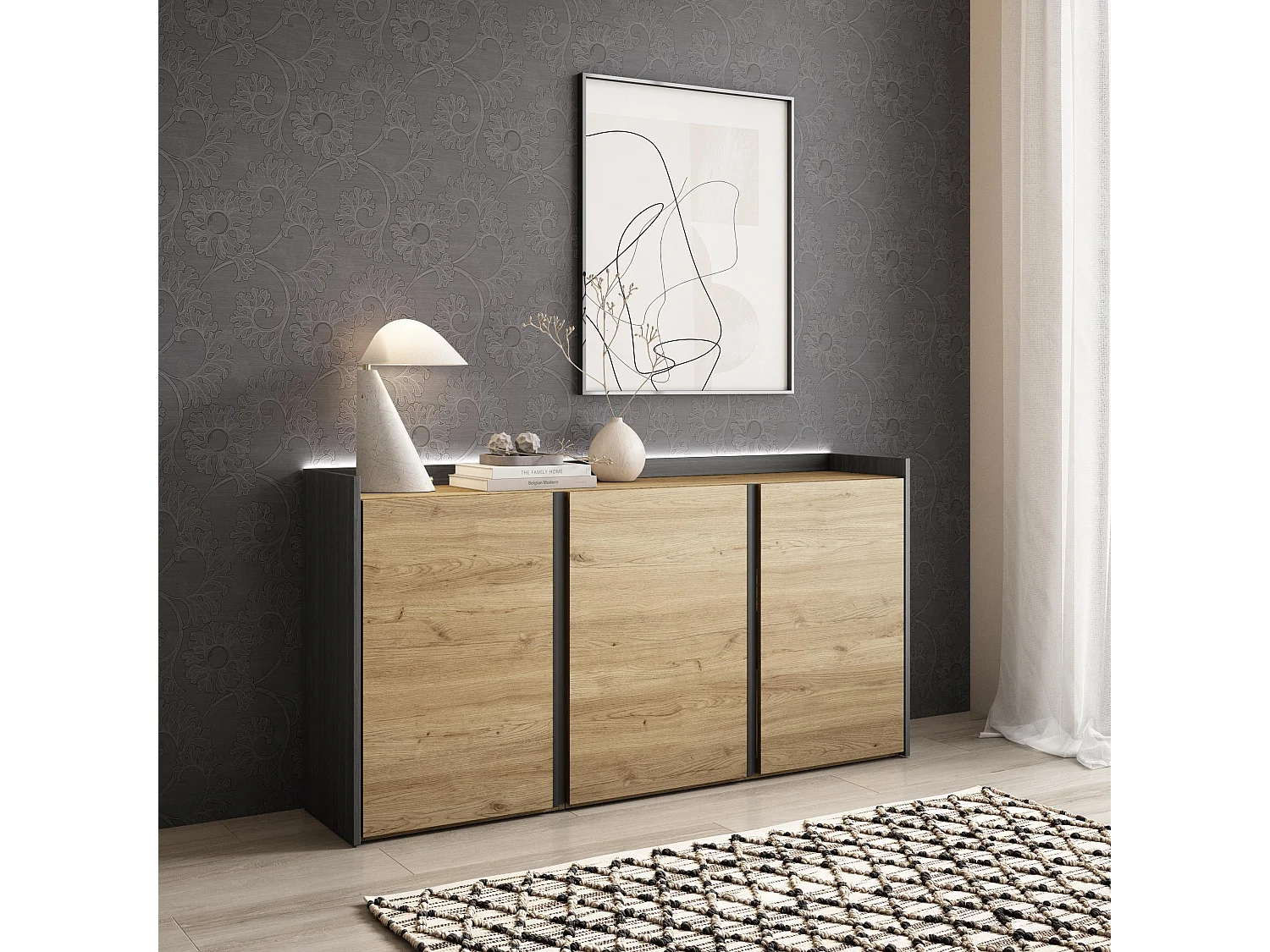 Credenza, Mobile, Cucina, 156x80x35 cm, 3 Porte, LED, Rovere e nero