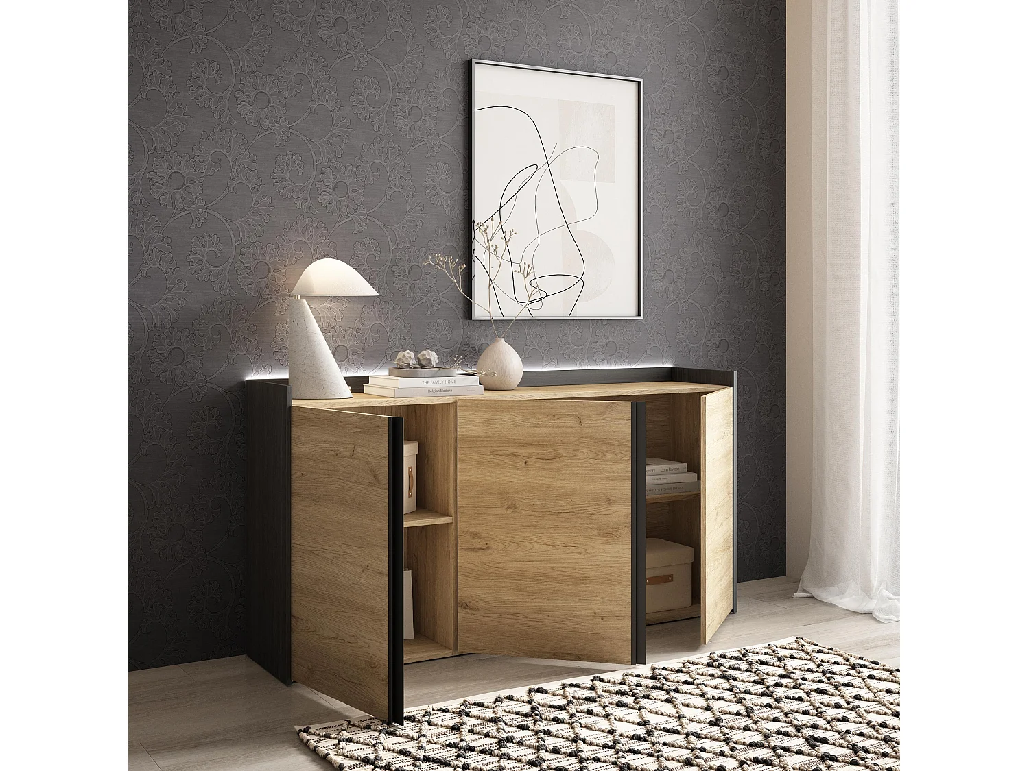 Credenza, Mobile, Cucina, 156x80x35 cm, 3 Porte, LED, Rovere e nero