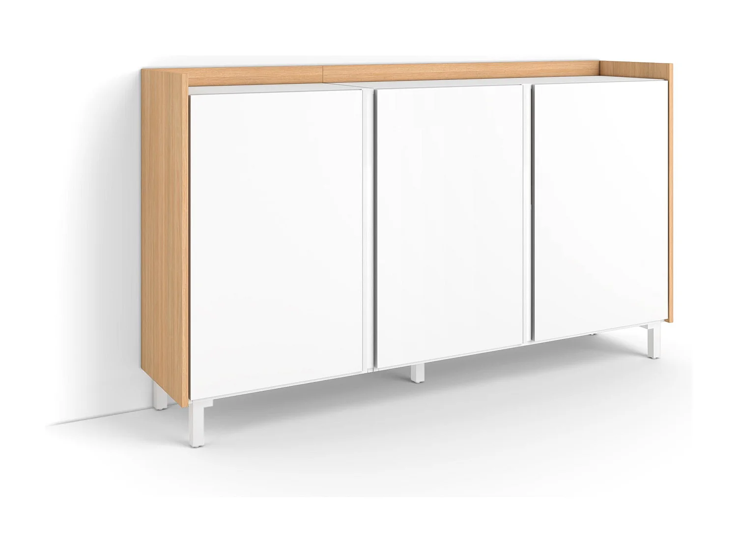 Dressoir, Opbergkast, 156x91x35 cm, 3 Deuren, Industrieel design, Wit en Eiken soft