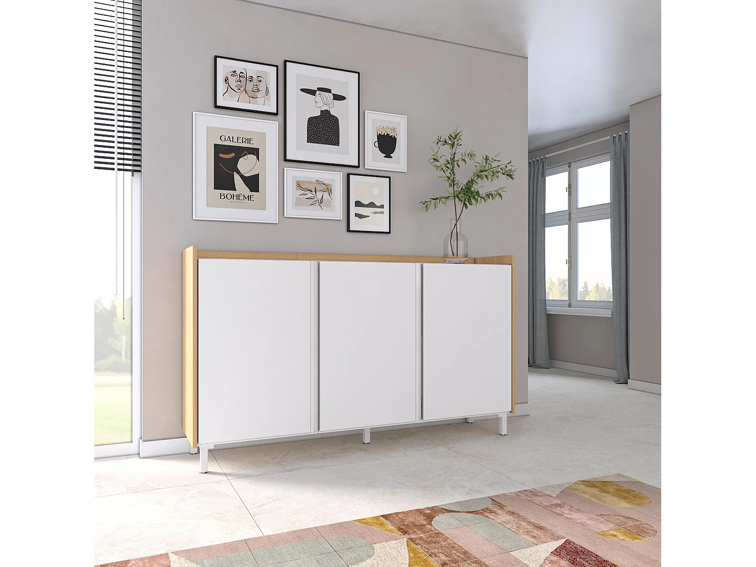 Dressoir, Opbergkast, 156x91x35 cm, 3 Deuren, Industrieel design, Wit en Eiken soft