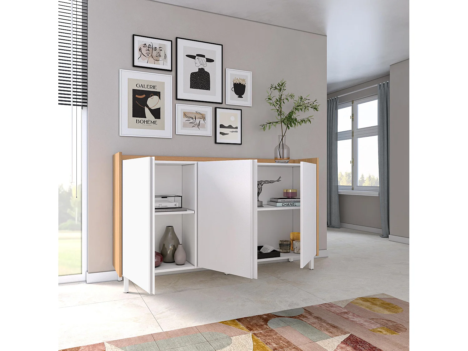 Dressoir, Opbergkast, 156x91x35 cm, 3 Deuren, Industrieel design, Wit en Eiken soft