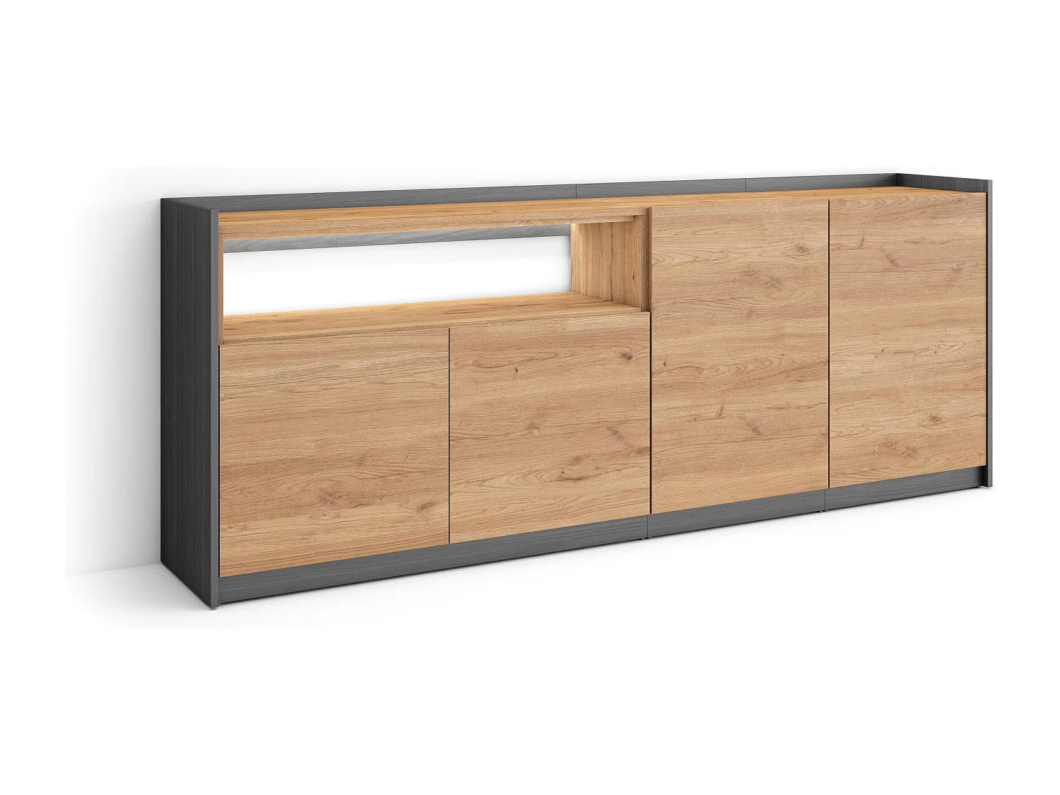Credenza, Mobile, Cucina, 207x80x37 cm, 4 Porte, LED, Rovere e nero