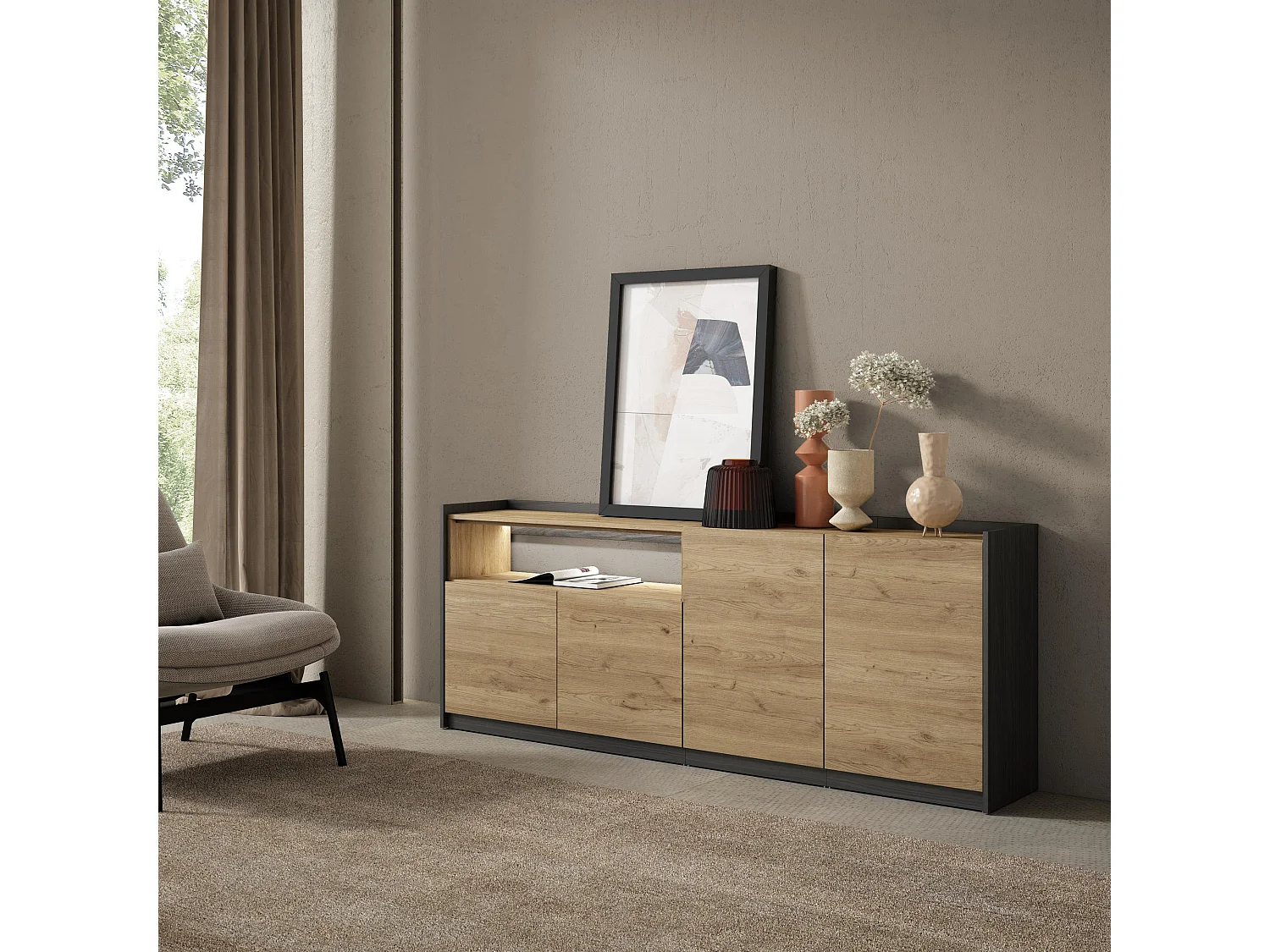 Credenza, Mobile, Cucina, 207x80x37 cm, 4 Porte, LED, Rovere e nero