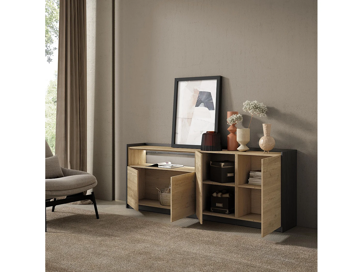 Credenza, Mobile, Cucina, 207x80x37 cm, 4 Porte, LED, Rovere e nero