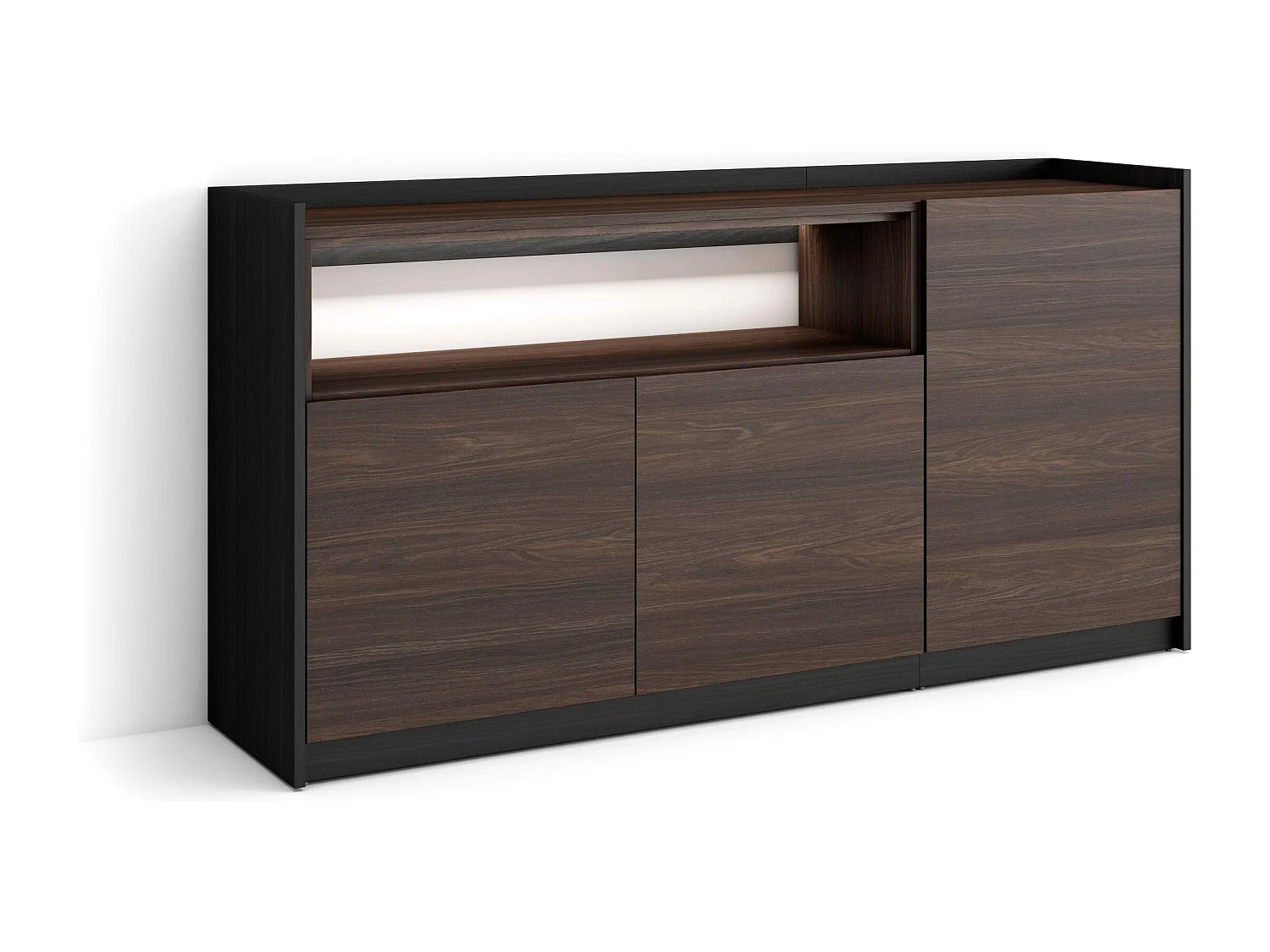 Credenza, Mobile, Cucina, 156x80x37 cm, 3 Porte, LED, Rovere scuro e Nero