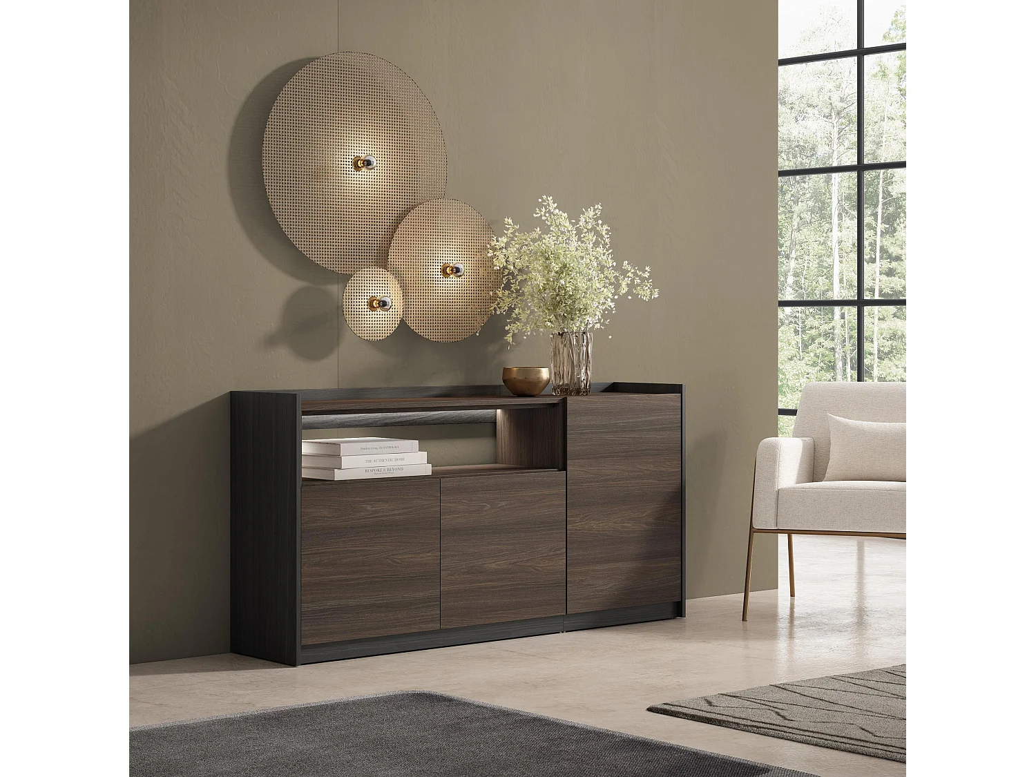 Credenza, Mobile, Cucina, 156x80x37 cm, 3 Porte, LED, Rovere scuro e Nero