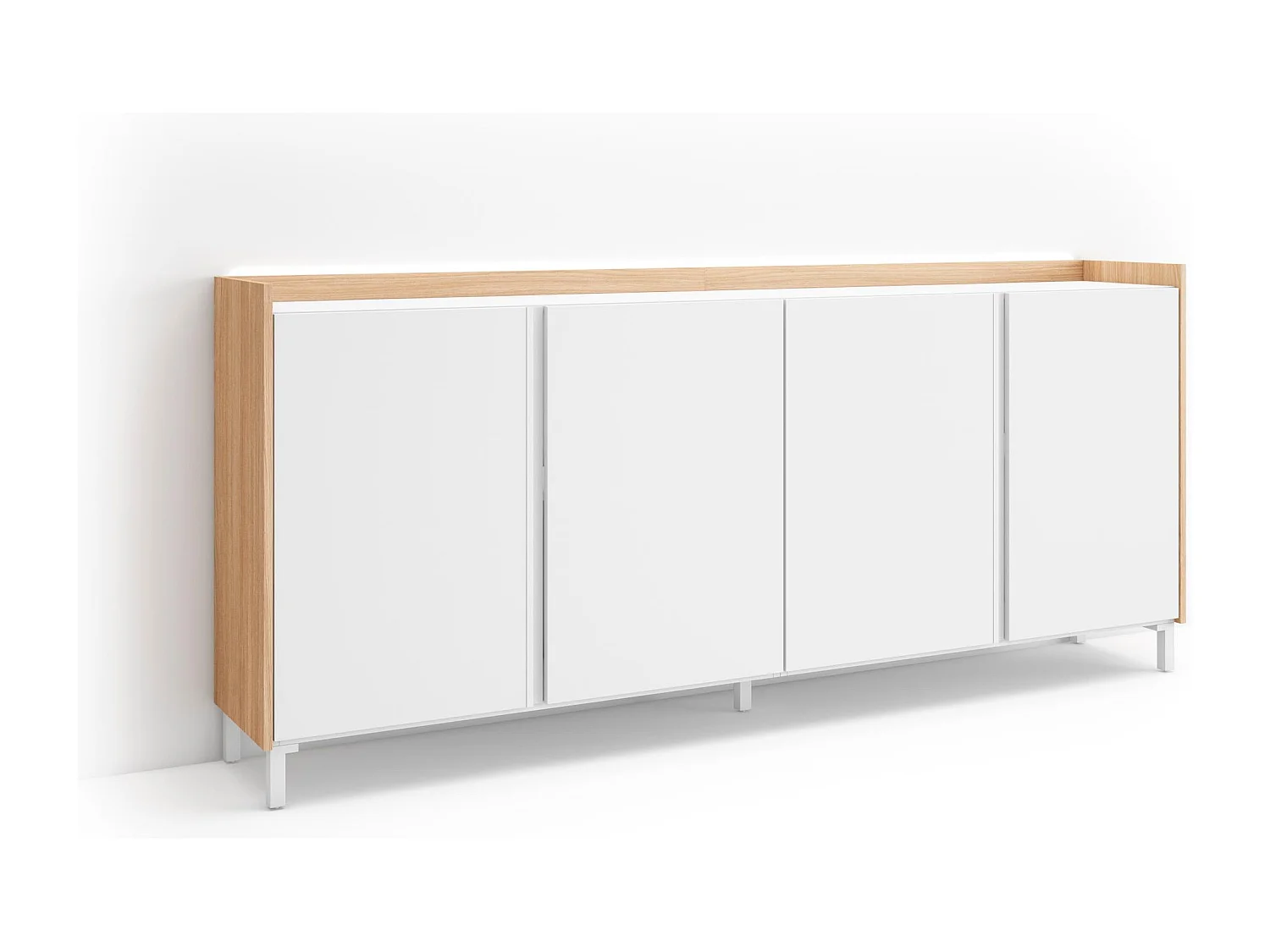 Dressoir, Opbergkast, 207x91x35 cm, 4 Deuren, Industrieel design, LED, Wit en Eiken soft