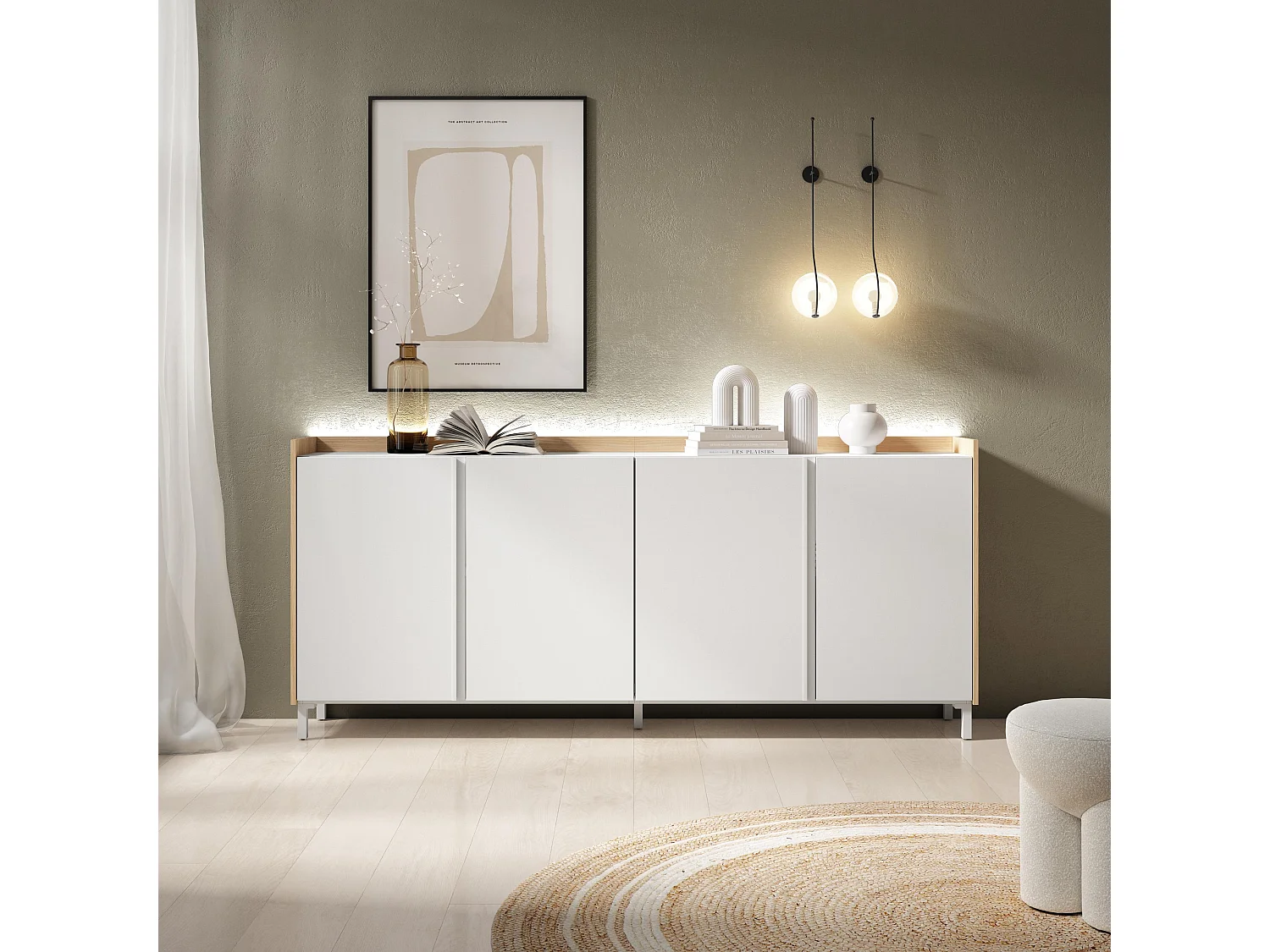 Dressoir, Opbergkast, 207x91x35 cm, 4 Deuren, Industrieel design, LED, Wit en Eiken soft