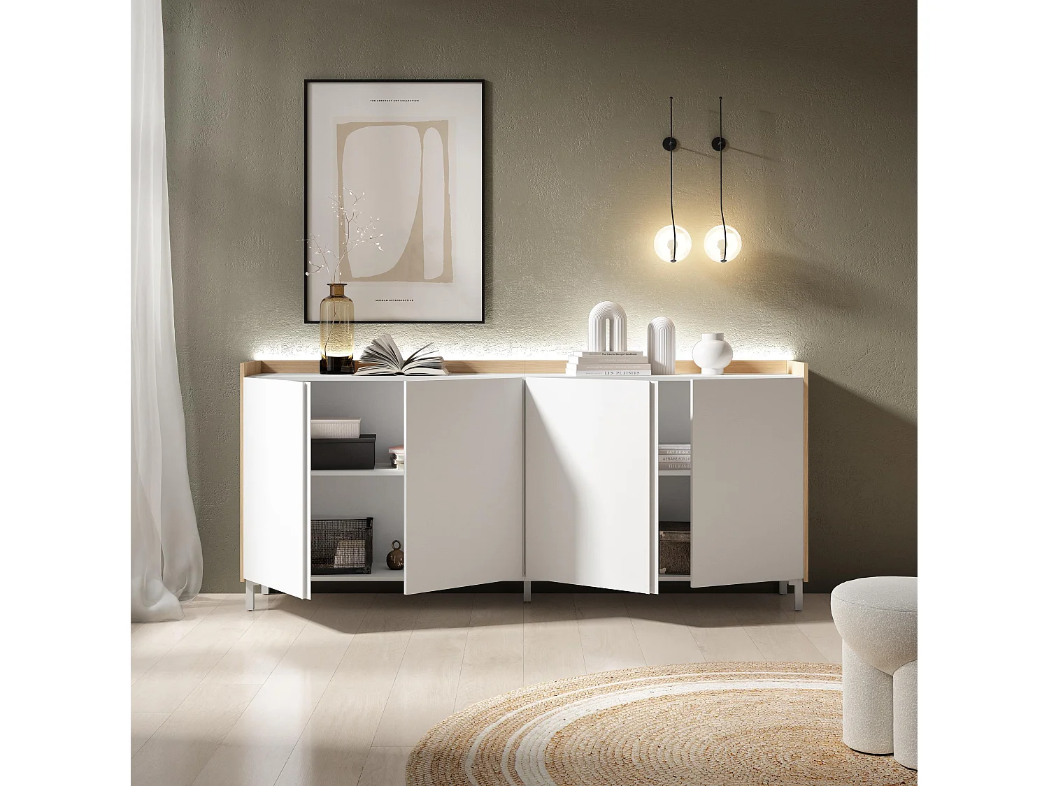 Dressoir, Opbergkast, 207x91x35 cm, 4 Deuren, Industrieel design, LED, Wit en Eiken soft