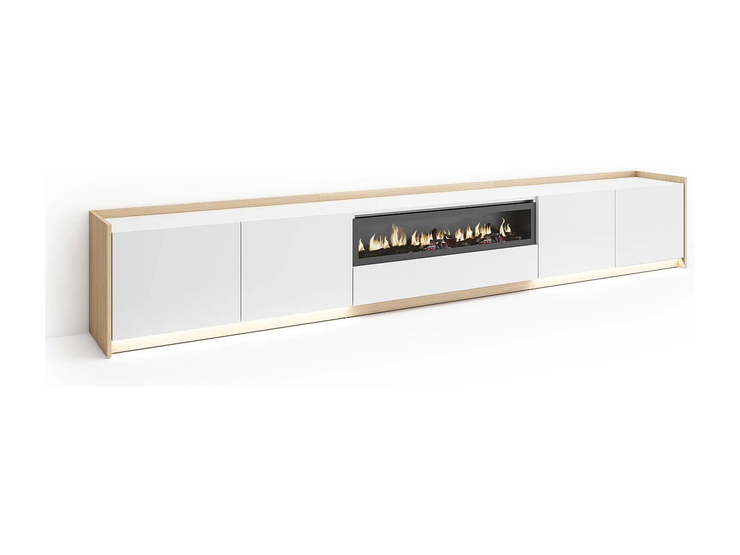 TV-Meubel, Lowboard, 310x50x37 cm, Voor tv's tot 80", Elektrische haard, LED, Wit en Eiken soft