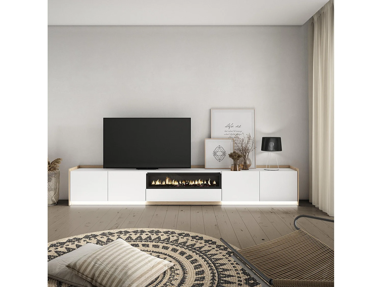 TV-Meubel, Lowboard, 310x50x37 cm, Voor tv's tot 80", Elektrische haard, LED, Wit en Eiken soft