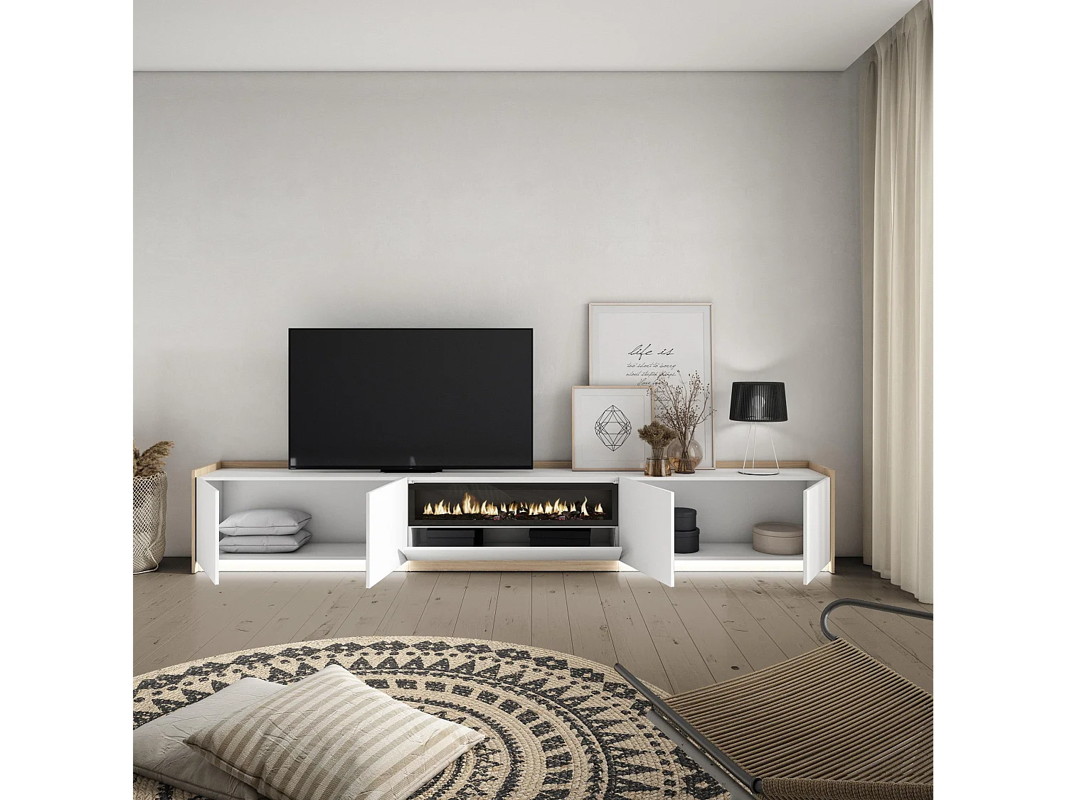 TV-Meubel, Lowboard, 310x50x37 cm, Voor tv's tot 80", Elektrische haard, LED, Wit en Eiken soft