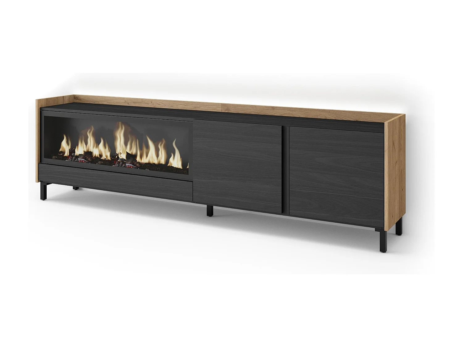 TV-Meubel, Lowboard, 212x61x35 cm, Voor tv's tot 80", Elektrische haard XXL, Industrieel design, LED, Zwart/Eiken