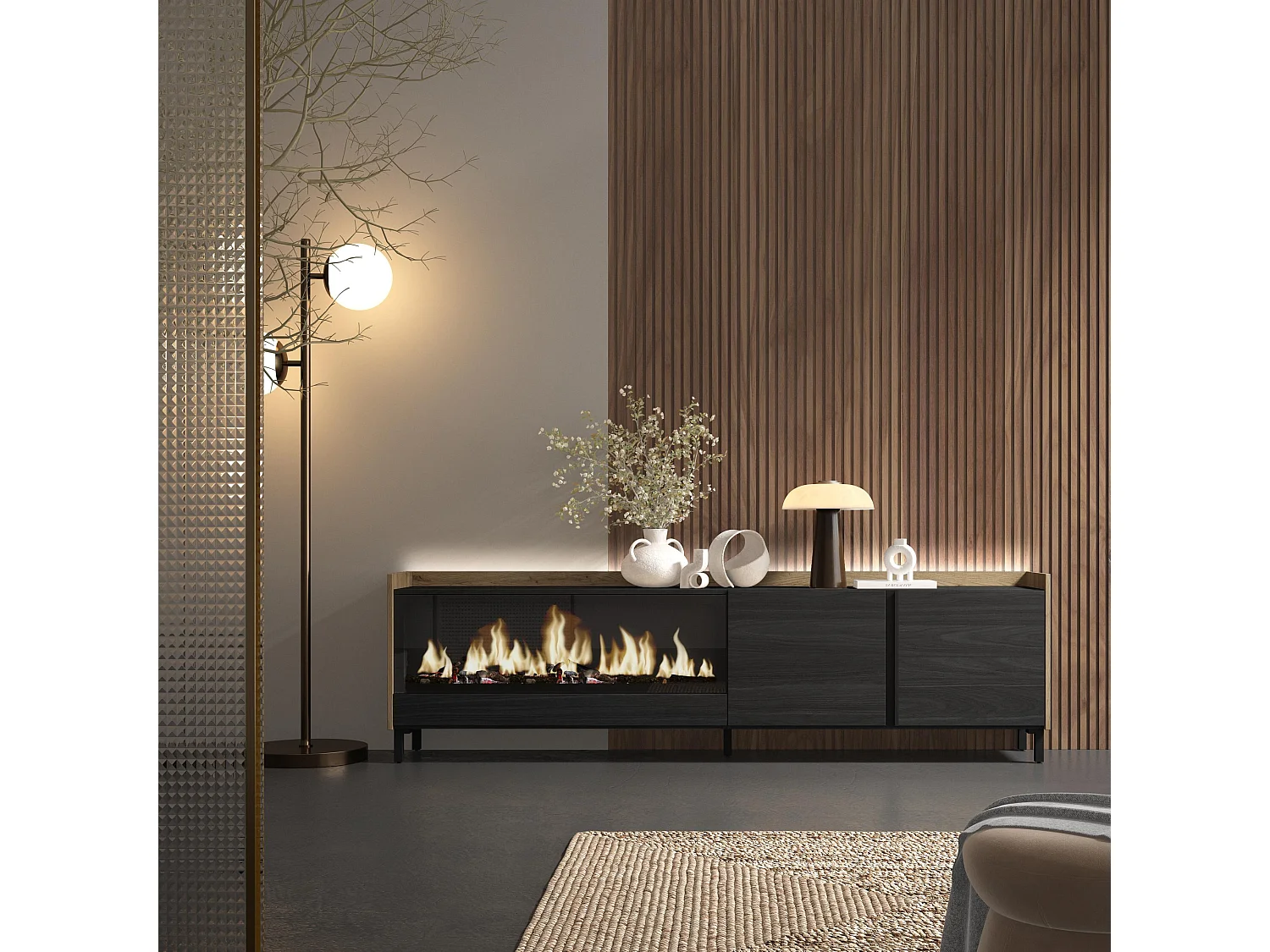 TV-Meubel, Lowboard, 212x61x35 cm, Voor tv's tot 80", Elektrische haard XXL, Industrieel design, LED, Zwart/Eiken