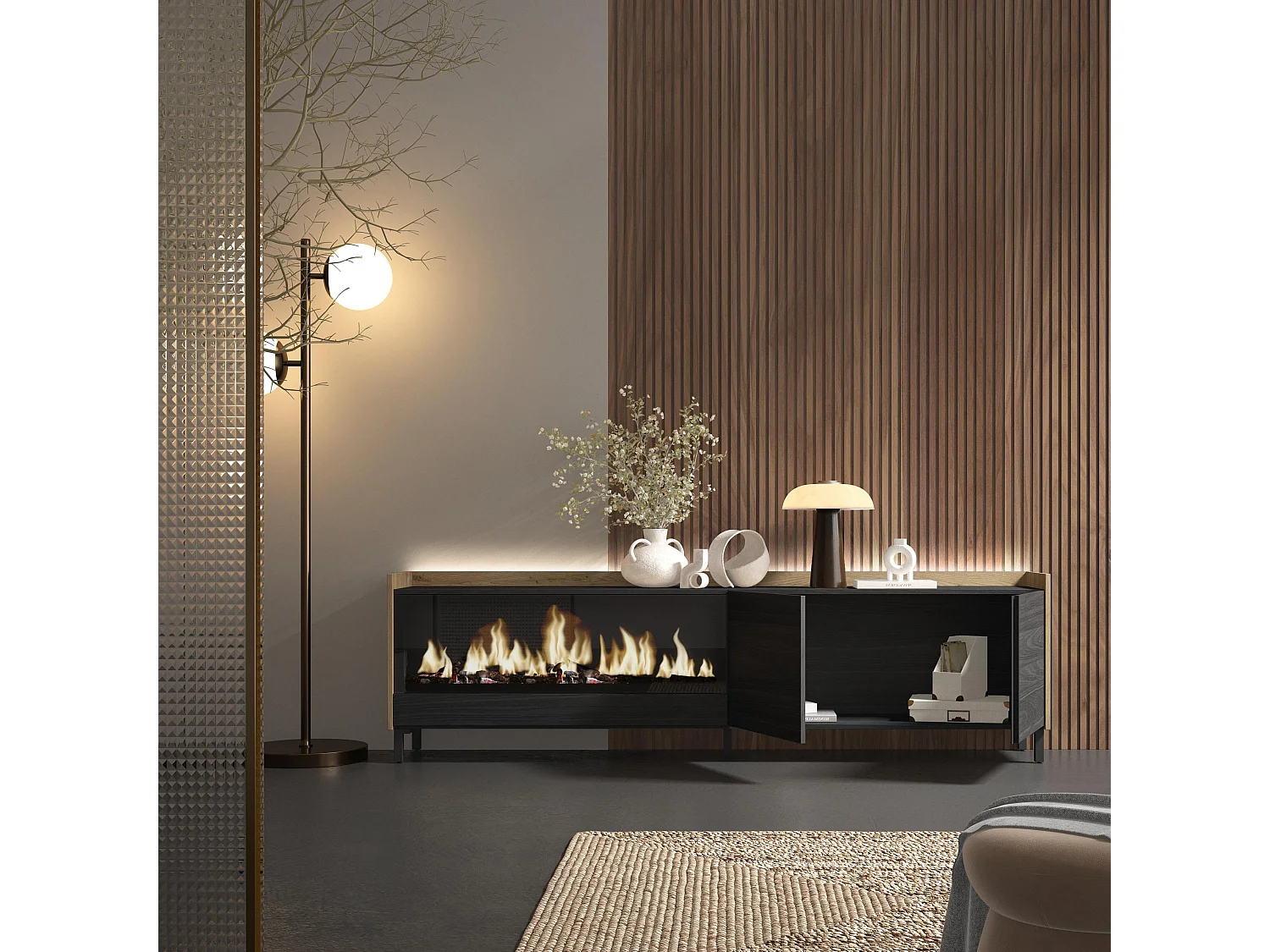 TV-Meubel, Lowboard, 212x61x35 cm, Voor tv's tot 80", Elektrische haard XXL, Industrieel design, LED, Zwart/Eiken