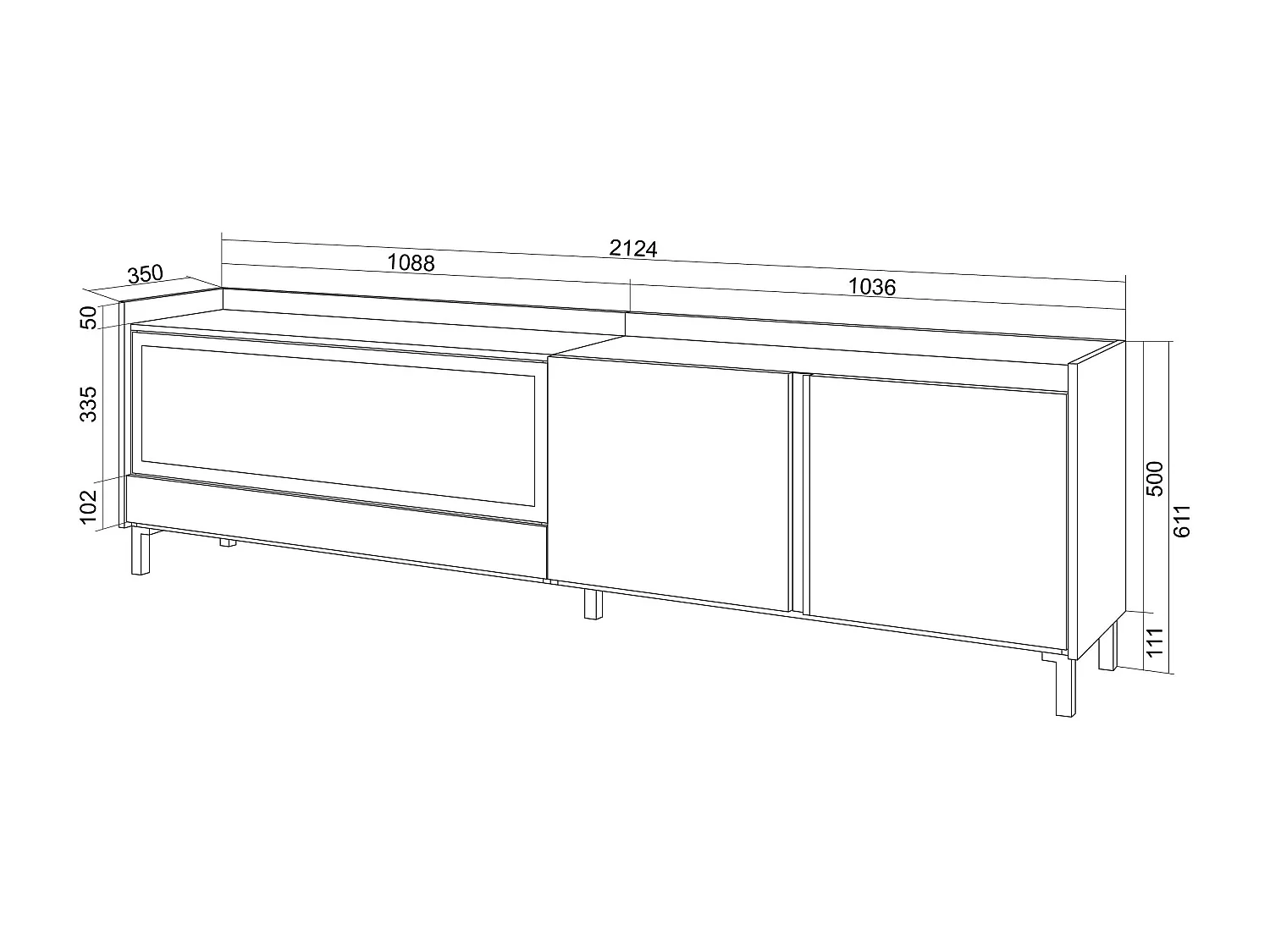 TV-Meubel, Lowboard, 212x61x35 cm, Voor tv's tot 80", Elektrische haard XXL, Industrieel design, LED, Zwart/Eiken