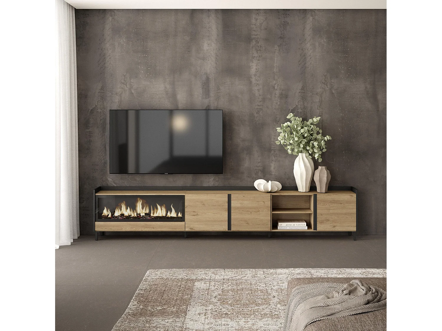 TV-Schrank, Lowboard, 315x61x35 cm, Für TV-Geräte bis zu 80", Elektrokamin XXL, Industriedesign, Eiche Schwarz