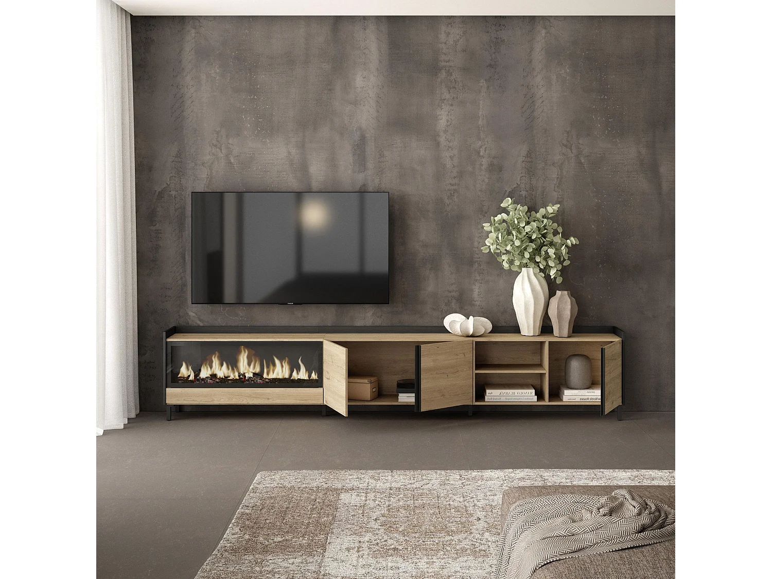 TV-Schrank, Lowboard, 315x61x35 cm, Für TV-Geräte bis zu 80", Elektrokamin XXL, Industriedesign, Eiche Schwarz