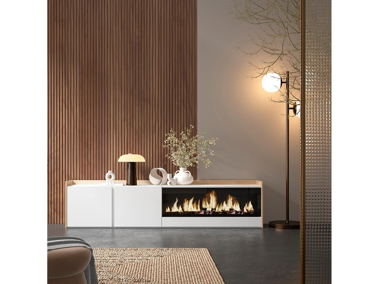 TV-Schrank, Lowboard, 212x50x35 cm, Für TV-Geräte bis zu 80", Elektrokamin XXL, Weiß und Eiche Soft