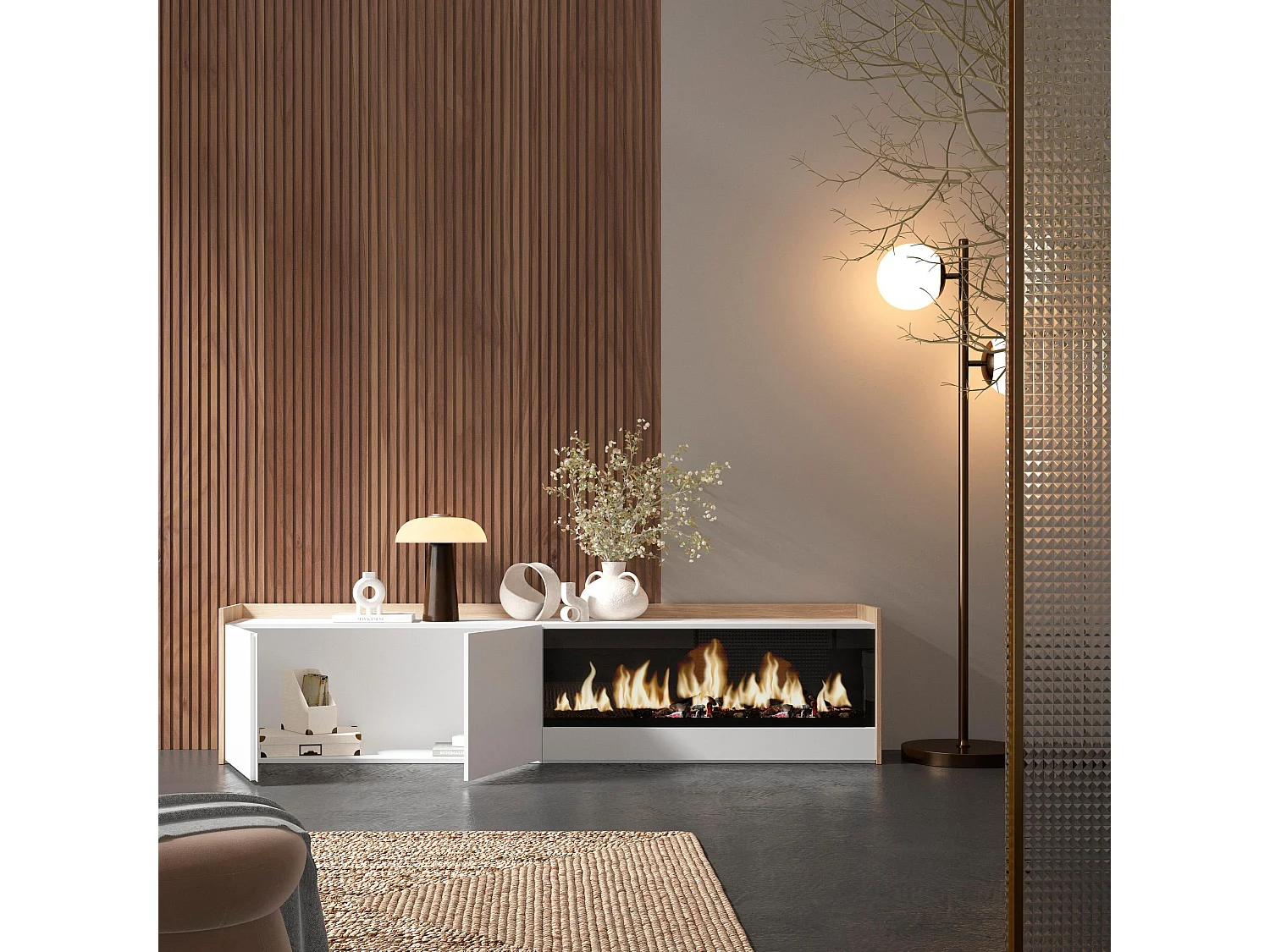 TV-Schrank, Lowboard, 212x50x35 cm, Für TV-Geräte bis zu 80", Elektrokamin XXL, Weiß und Eiche Soft