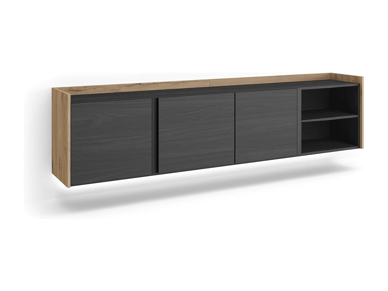 TV-Schrank, Lowboard, 207x50x35 cm, Für TV-Geräte bis zu 80", Hängend, LED, Schwarz Eiche